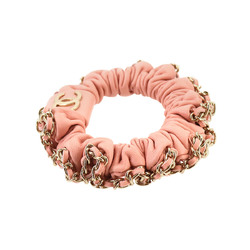 CHANEL Coco Mark Scrunchie Leather Pink Gold A22S Hair Tie