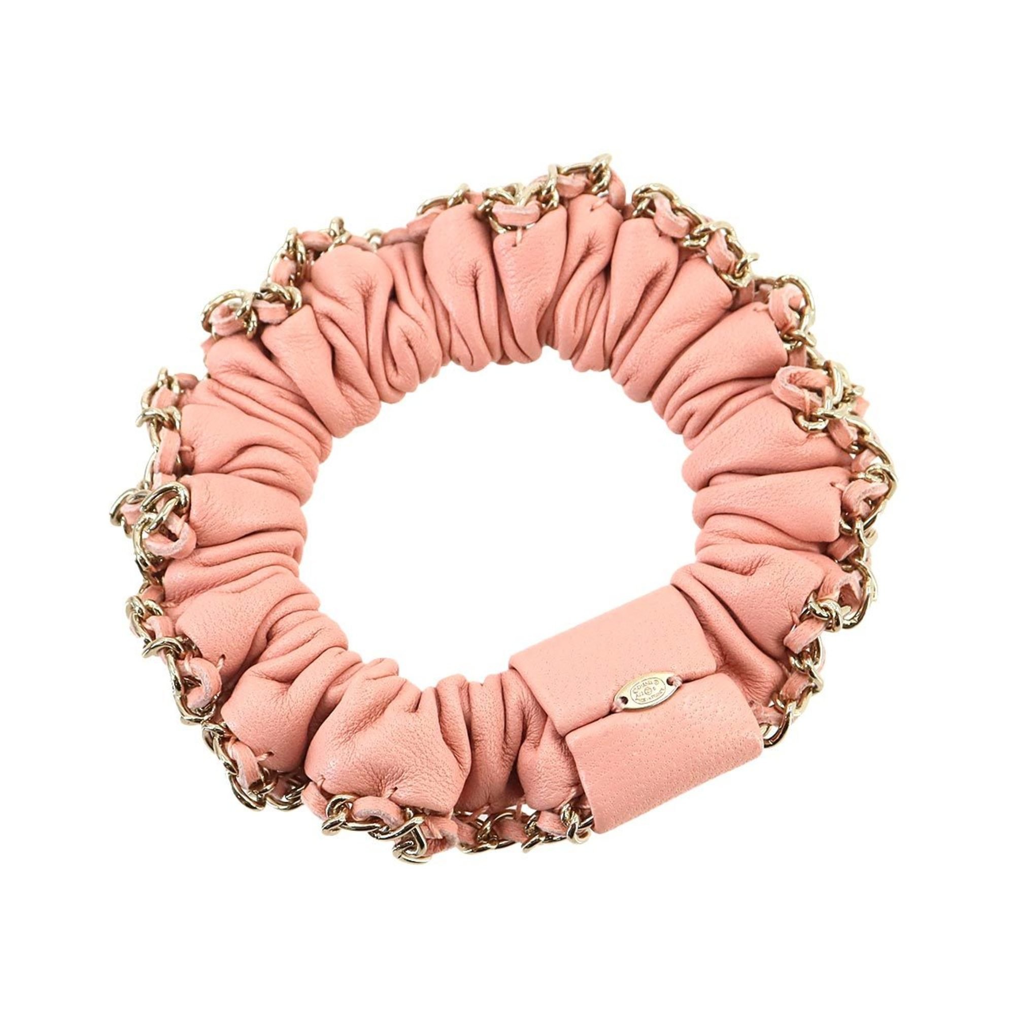 CHANEL Coco Mark Scrunchie Leather Pink Gold A22S Hair Tie