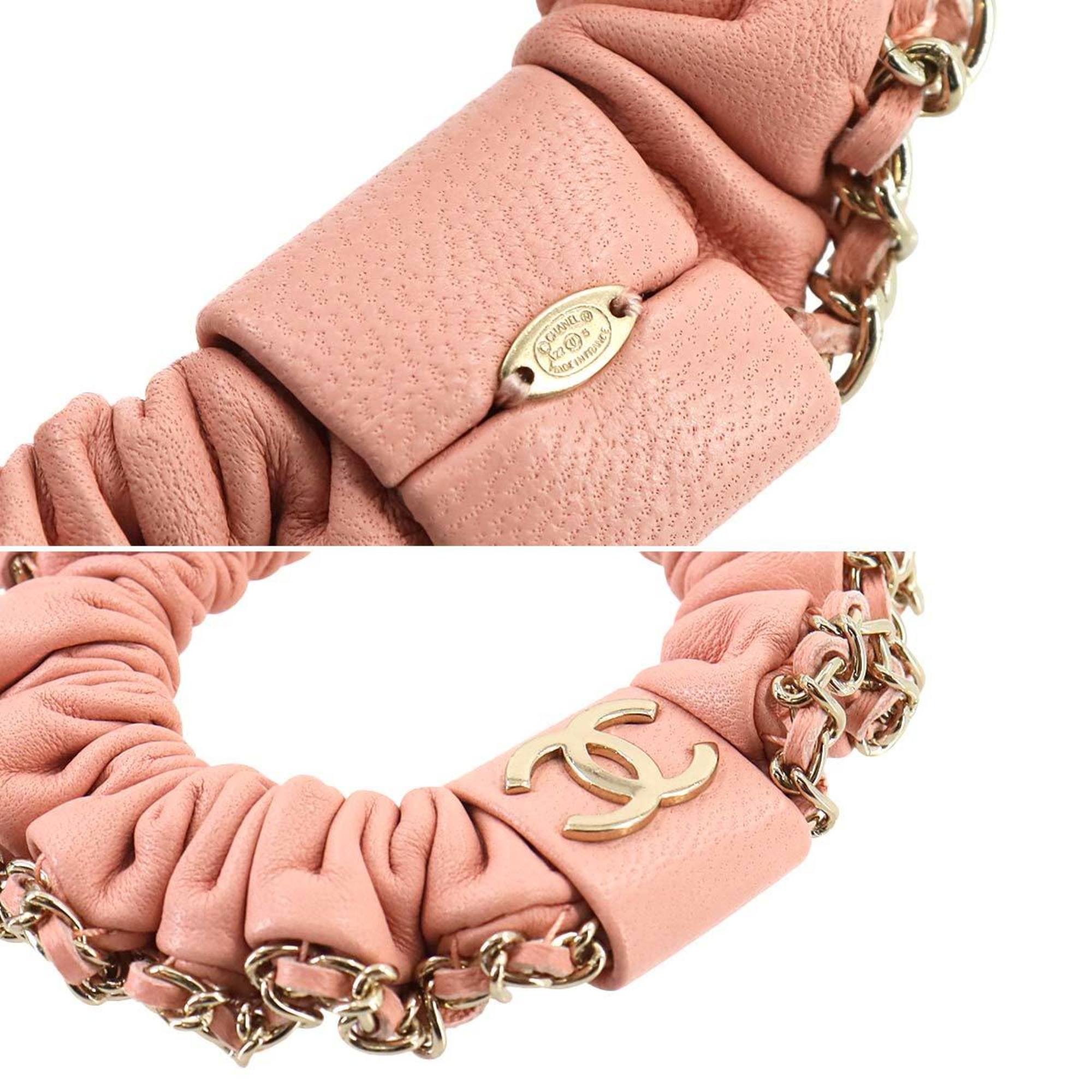 CHANEL Coco Mark Scrunchie Leather Pink Gold A22S Hair Tie