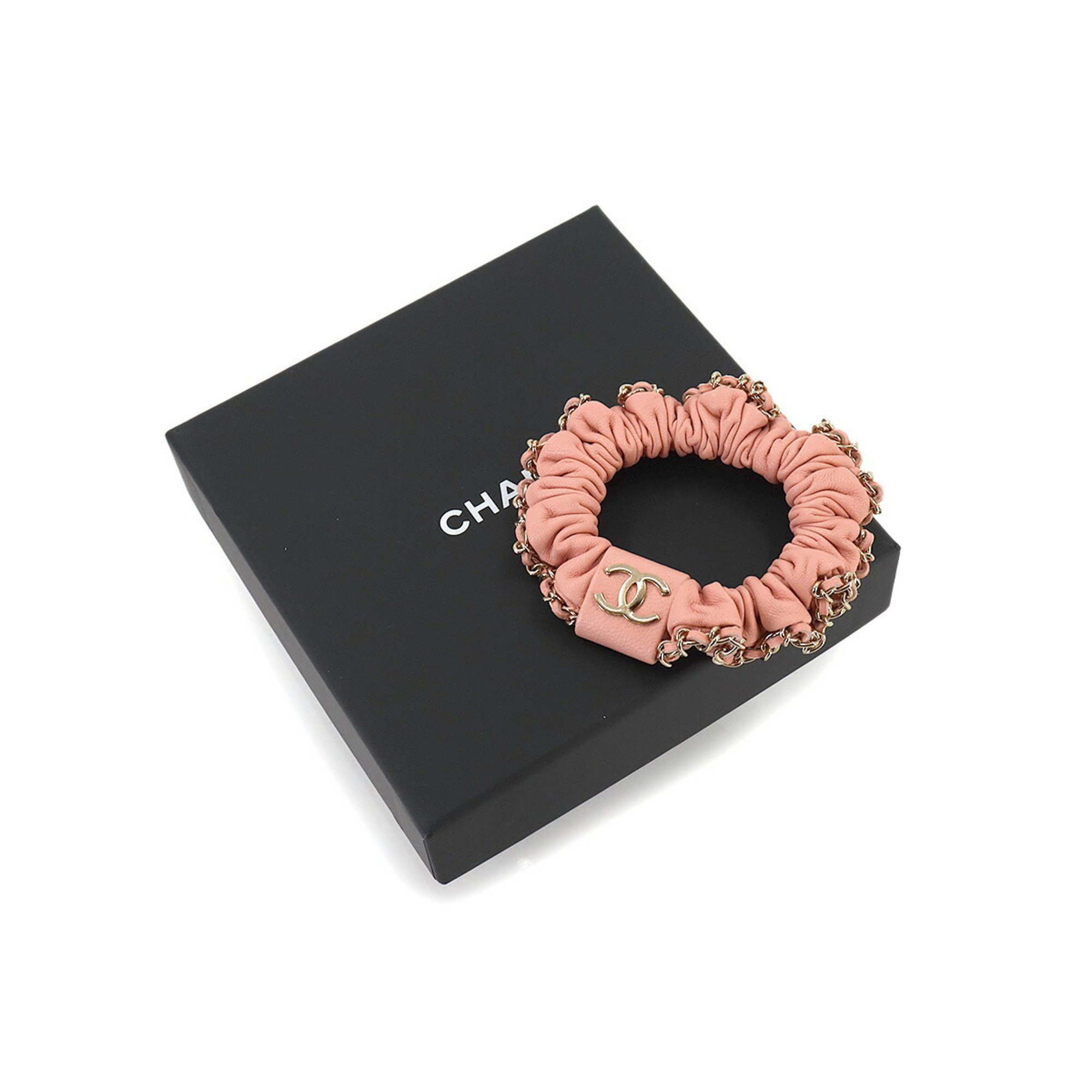 CHANEL Coco Mark Scrunchie Leather Pink Gold A22S Hair Tie