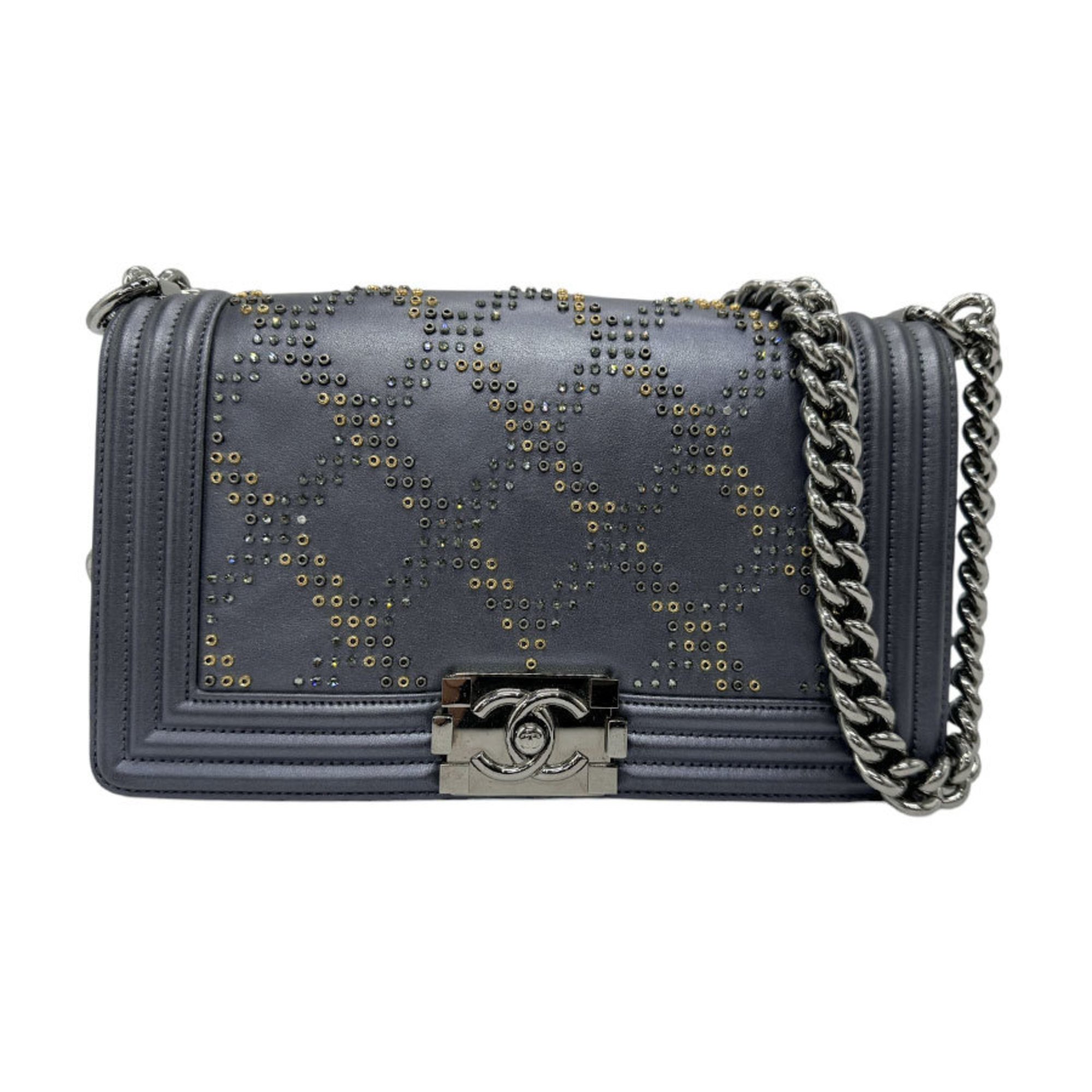 CHANEL Shoulder Bag Boy Chanel Leather Metal Metallic Dark Gray Silver Gold Women's n0713