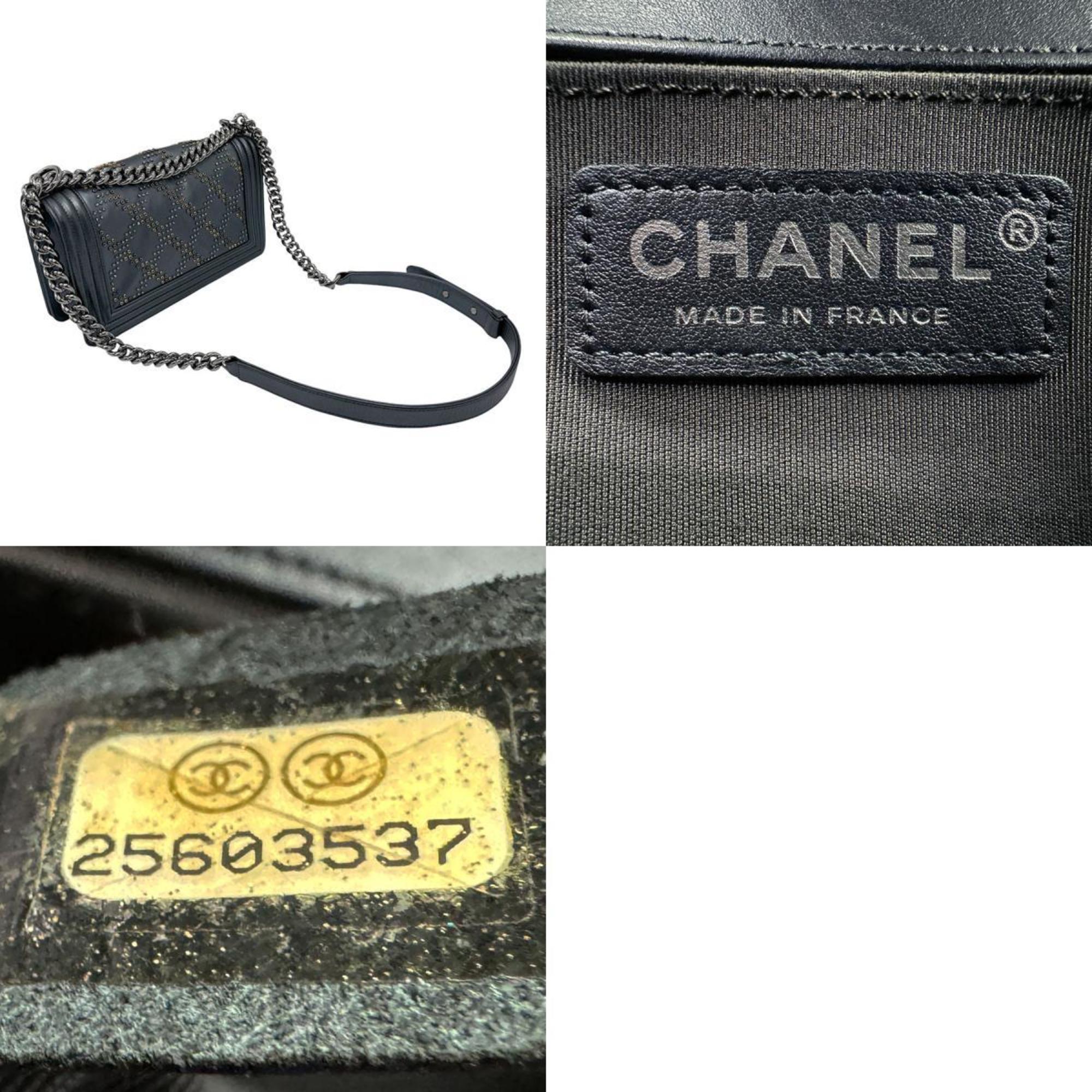 CHANEL Shoulder Bag Boy Chanel Leather Metal Metallic Dark Gray Silver Gold Women's n0713