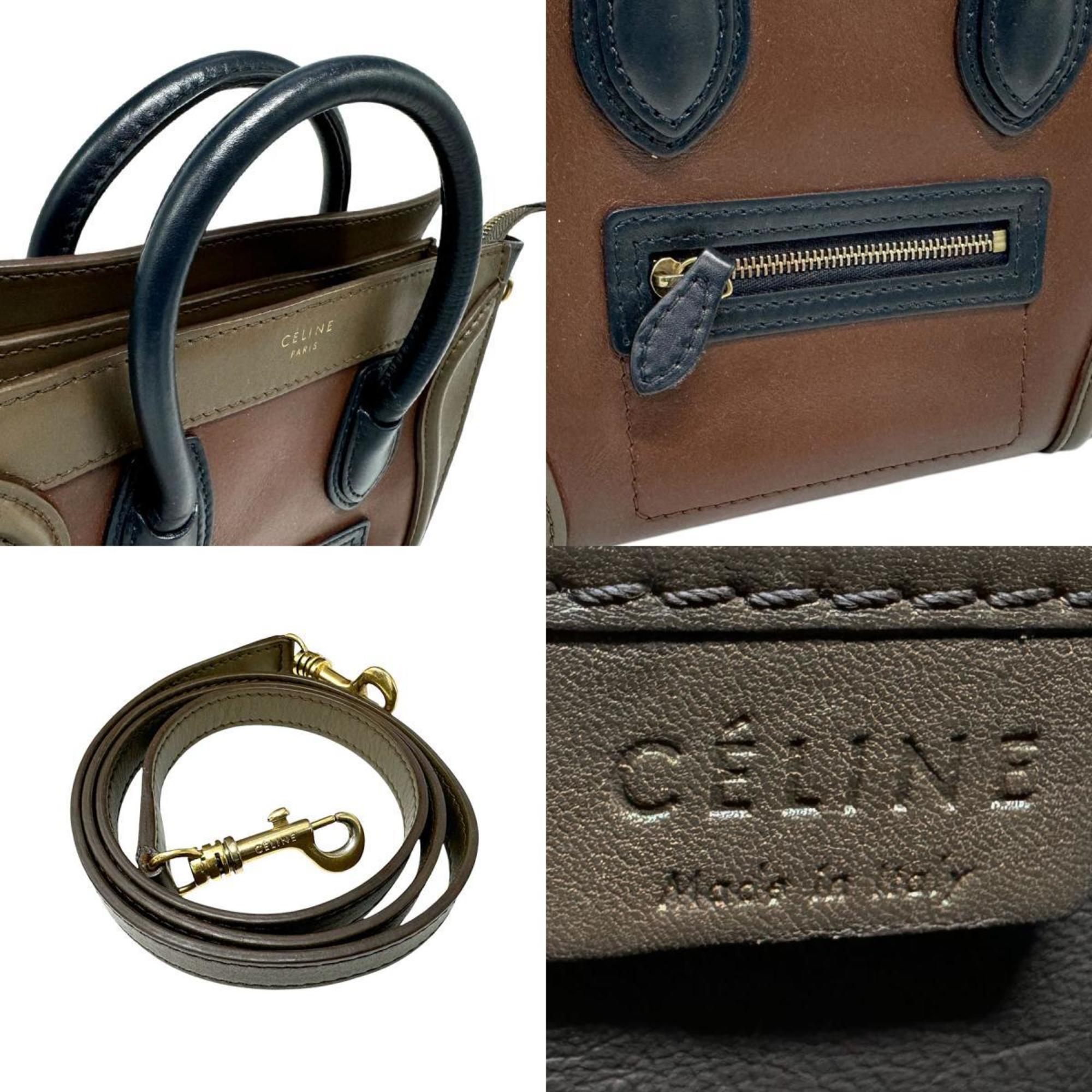 CELINE Handbag Shoulder Bag Luggage Nano Shopper Leather Brown x Navy Khaki Women's z2784