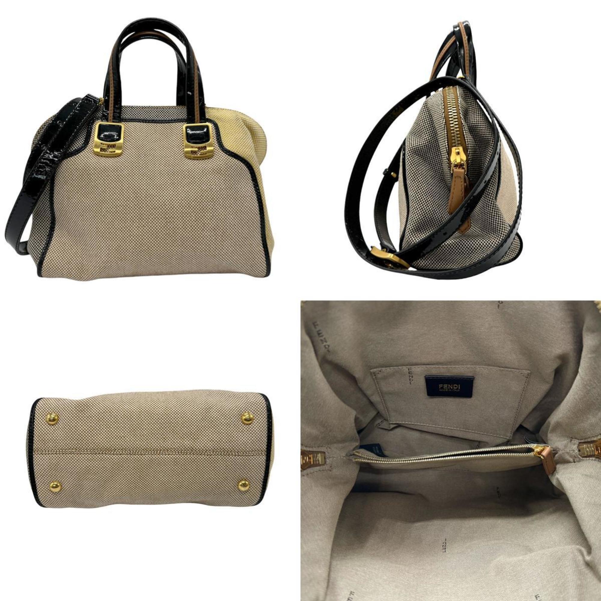 FENDI Handbag Shoulder Bag Canvas Enamel Black x Brown Yellow Women's 8BL117-GOW n0714