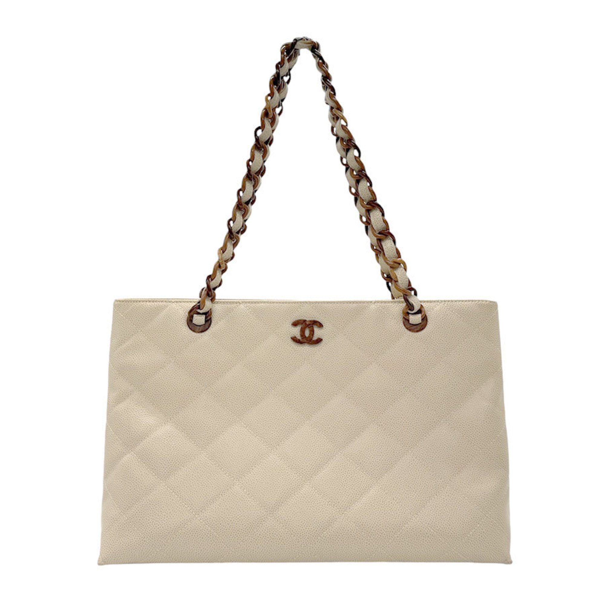 CHANEL Handbag Wood Caviar Skin Leather Light Beige Women's n0718