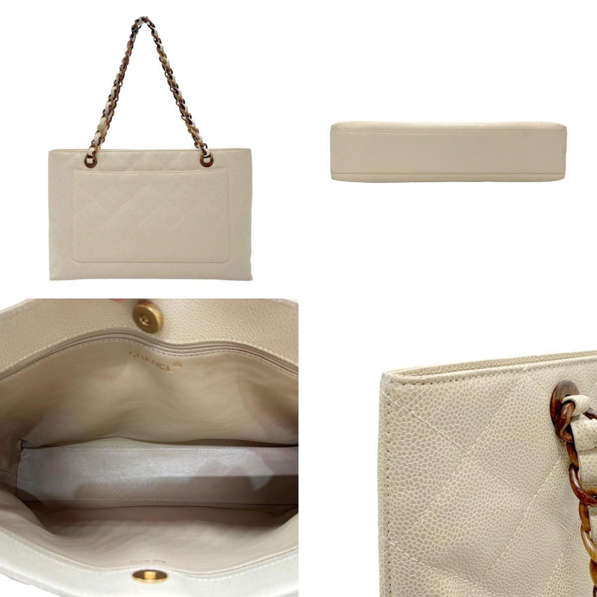 CHANEL Handbag Wood Caviar Skin Leather Light Beige Women's n0718