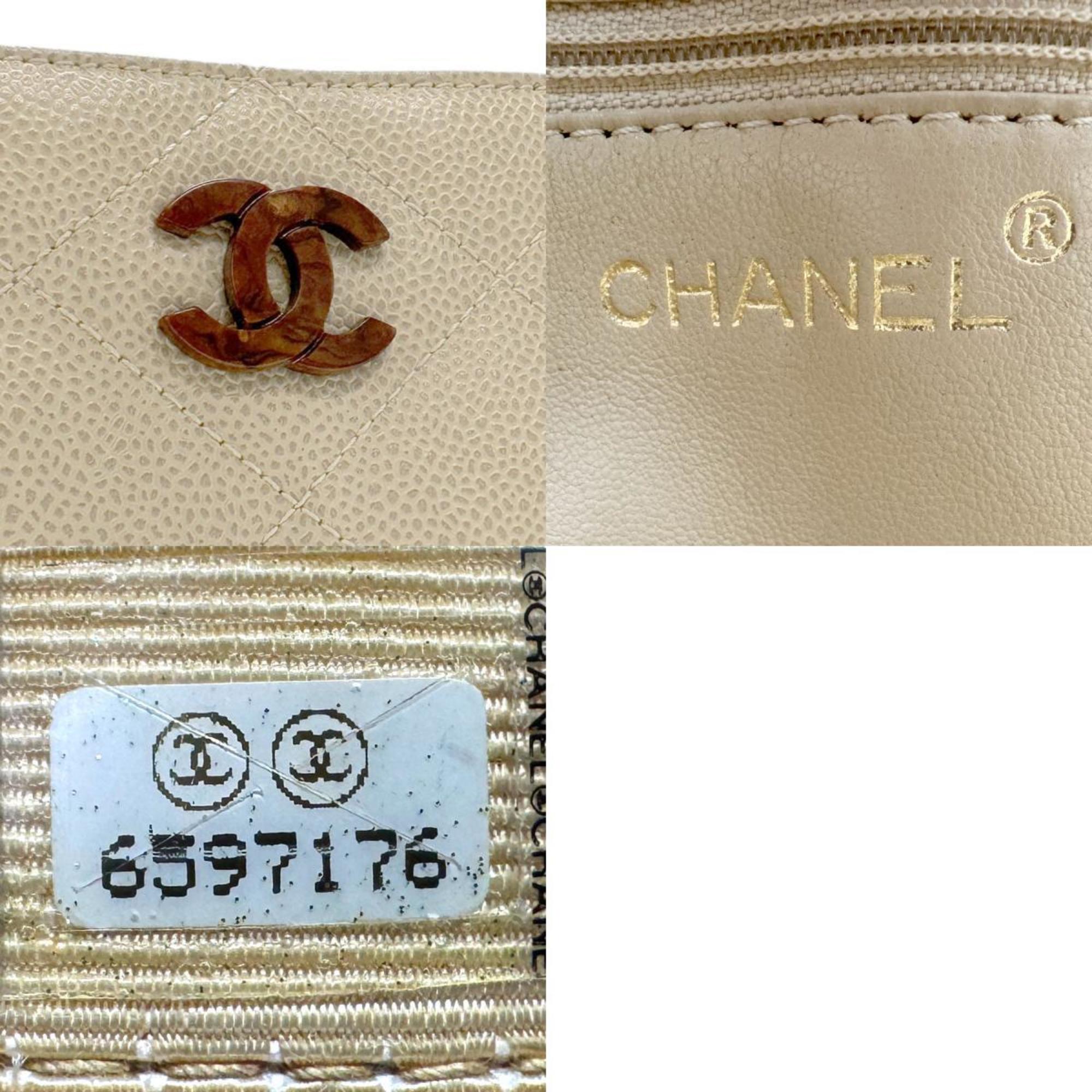 CHANEL Handbag Wood Caviar Skin Leather Light Beige Women's n0718