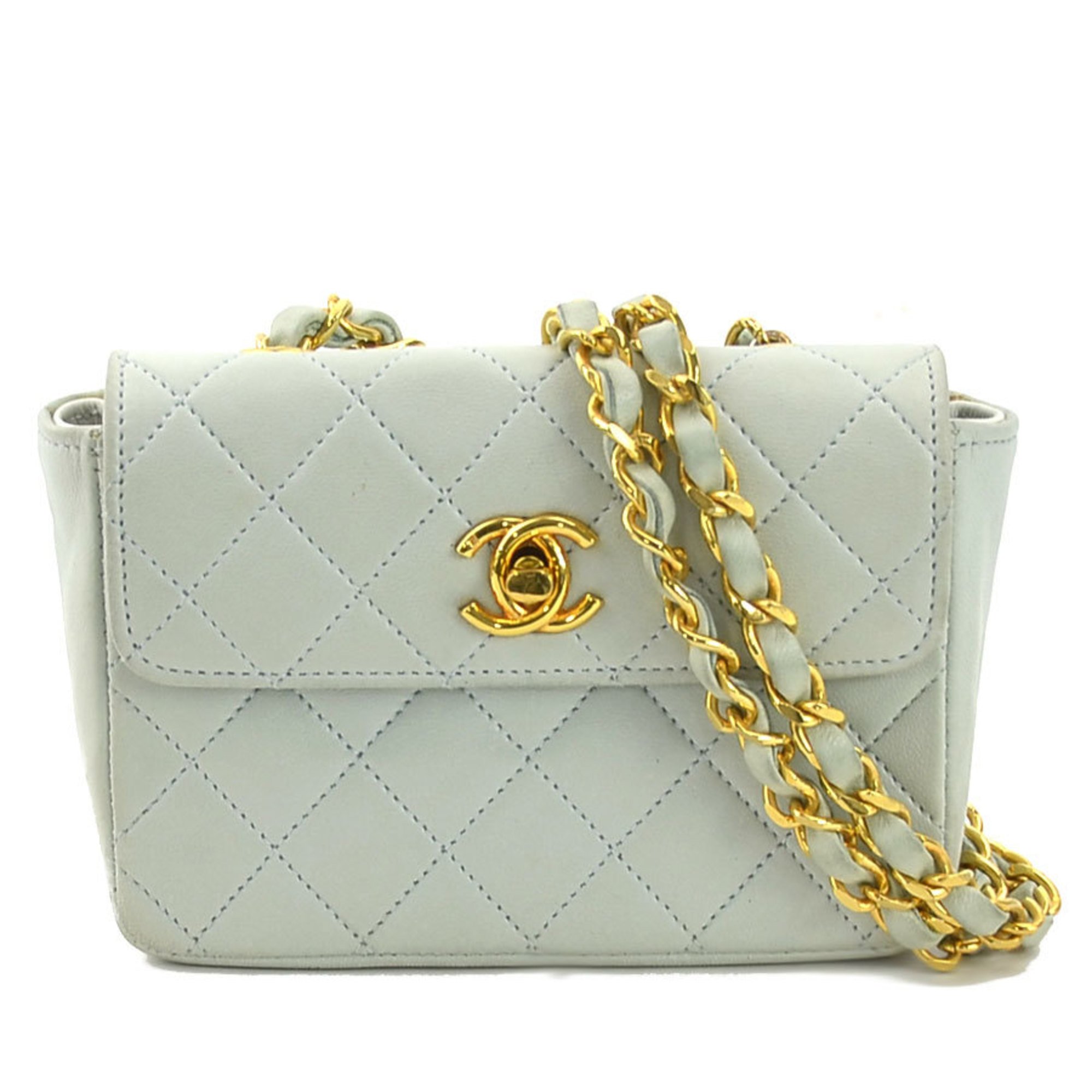 CHANEL Shoulder Bag Matelasse Leather Light Blue Gold Women's e59515a