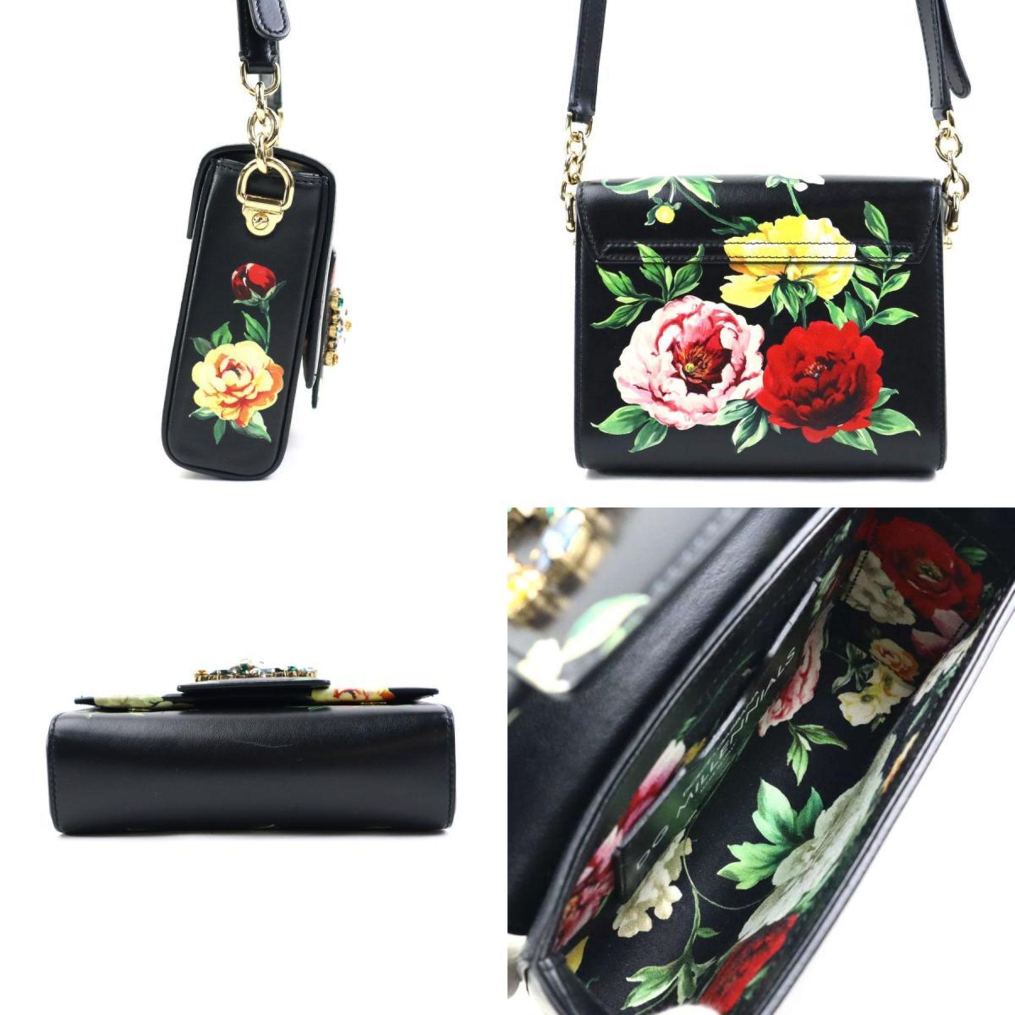 Dolce & Gabbana Shoulder Bag Flower Leather Black Multicolor Gold Women's e59516g