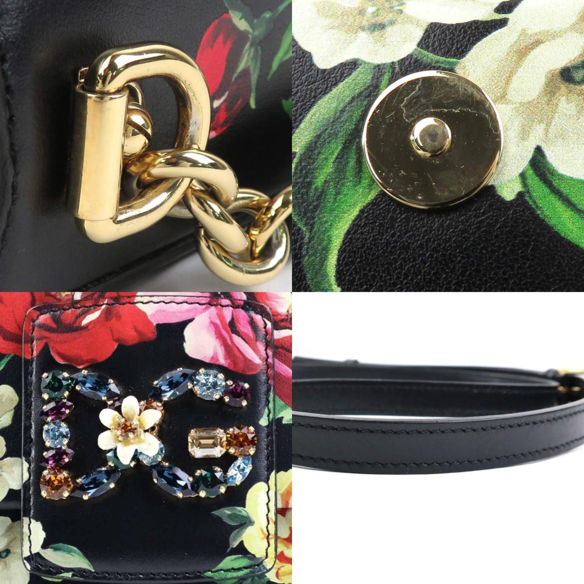 Dolce & Gabbana Shoulder Bag Flower Leather Black Multicolor Gold Women's e59516g