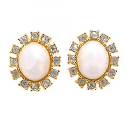 Christian Dior Earrings Oval Faux Pearl Rhinestone GP Plated Gold Women's