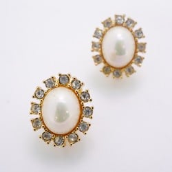 Christian Dior Earrings Oval Faux Pearl Rhinestone GP Plated Gold Women's