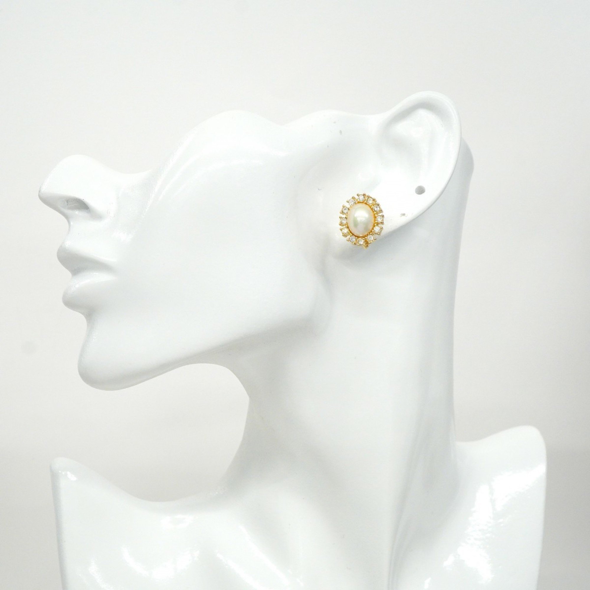 Christian Dior Earrings Oval Faux Pearl Rhinestone GP Plated Gold Women's