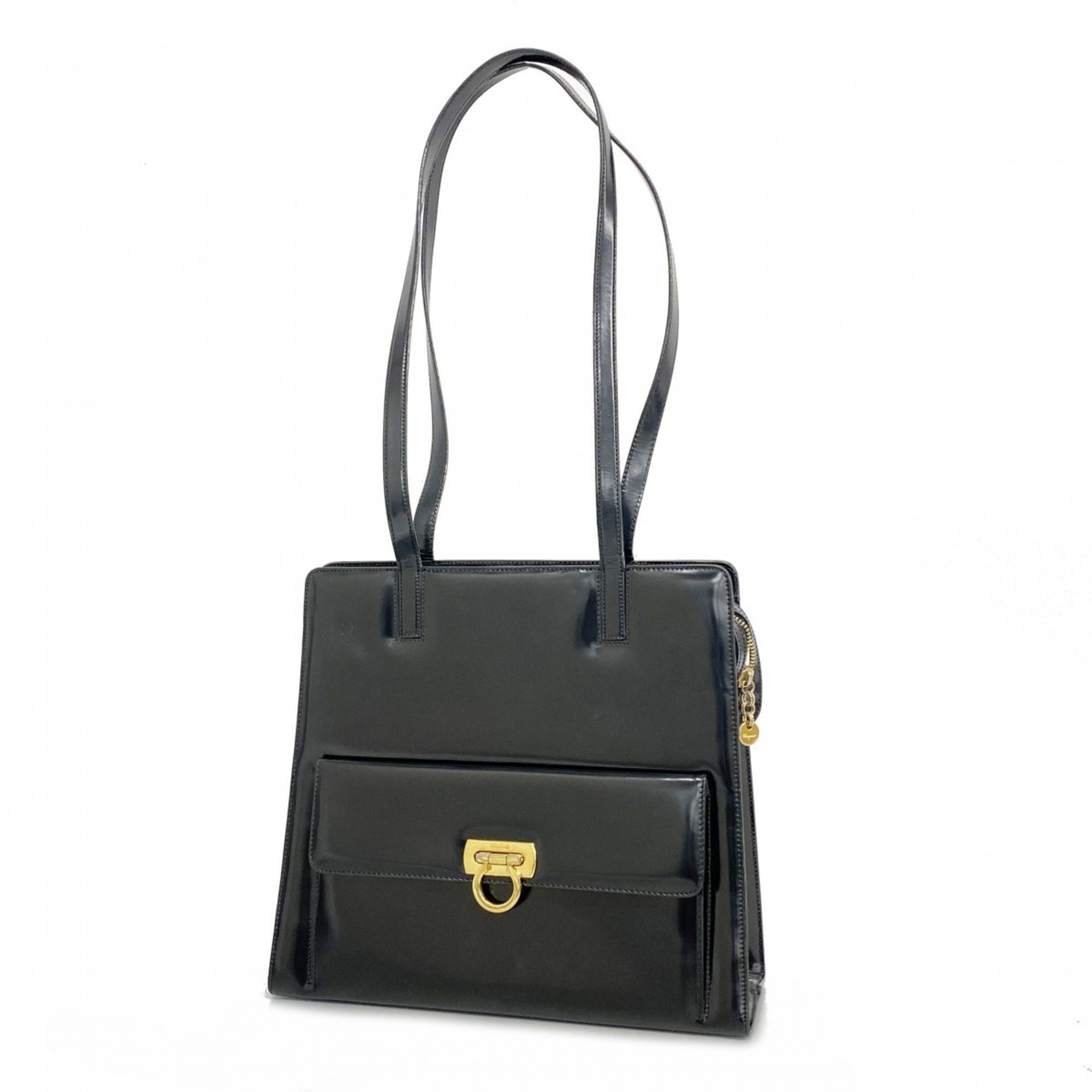 Salvatore Ferragamo Shoulder Bag Gancini Enamel Black Women's