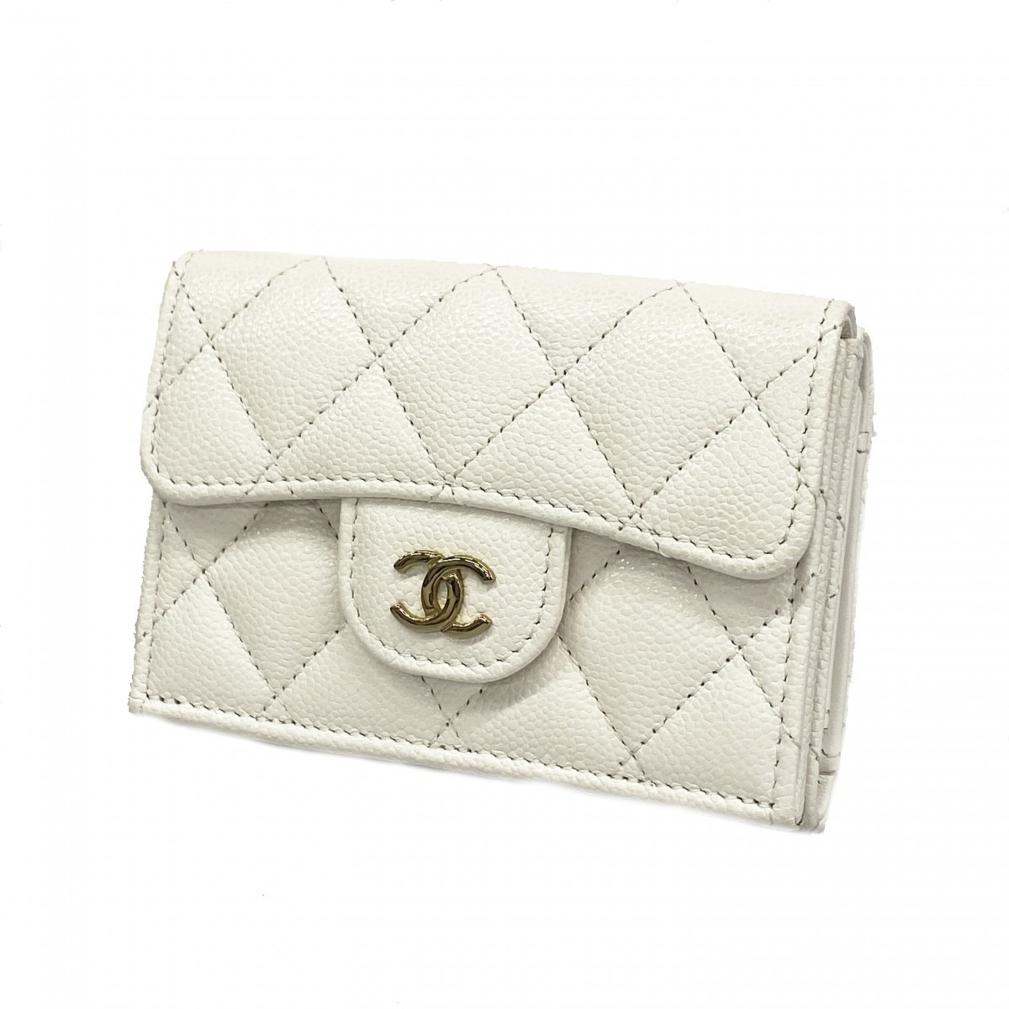 Chanel Tri-fold Wallet Matelasse Caviar Skin White Women's