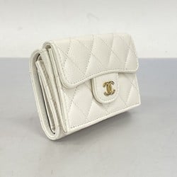 Chanel Tri-fold Wallet Matelasse Caviar Skin White Women's