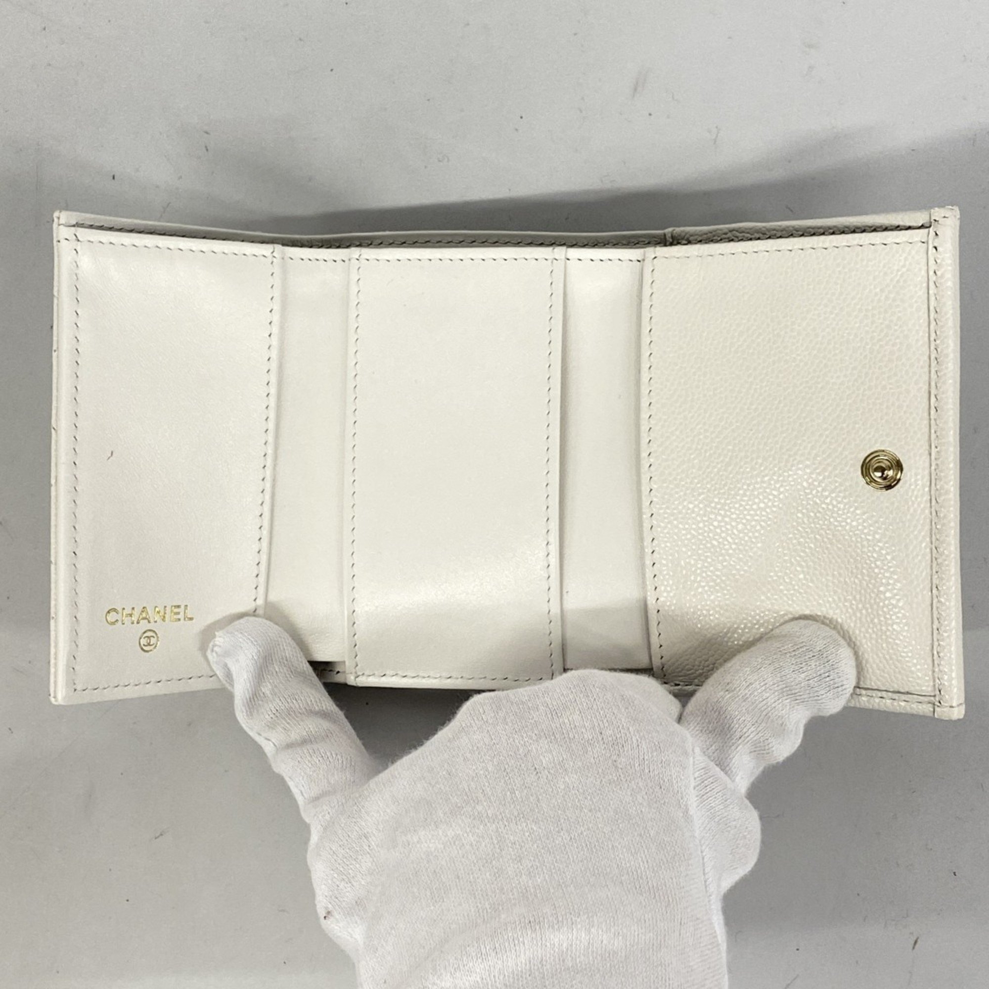 Chanel Tri-fold Wallet Matelasse Caviar Skin White Women's