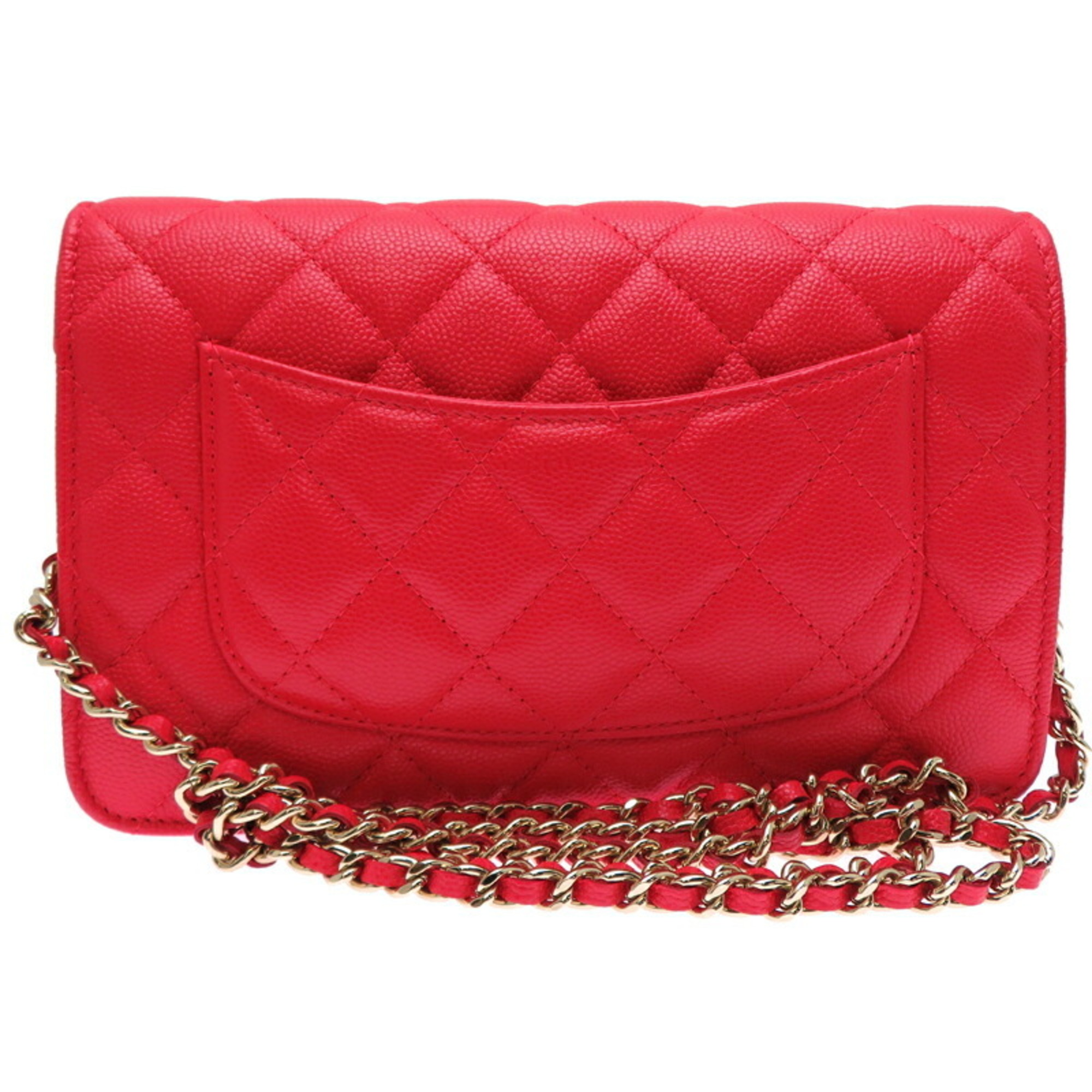 Chanel Seal Matelasse Chain Wallet Women's Shoulder Bag Caviar Skin Red