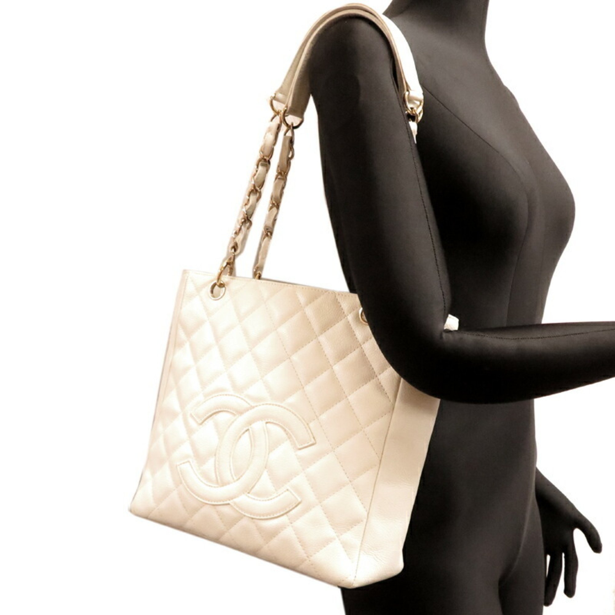 Chanel Seal PST Chain Tote Women's Bag Caviar Skin White