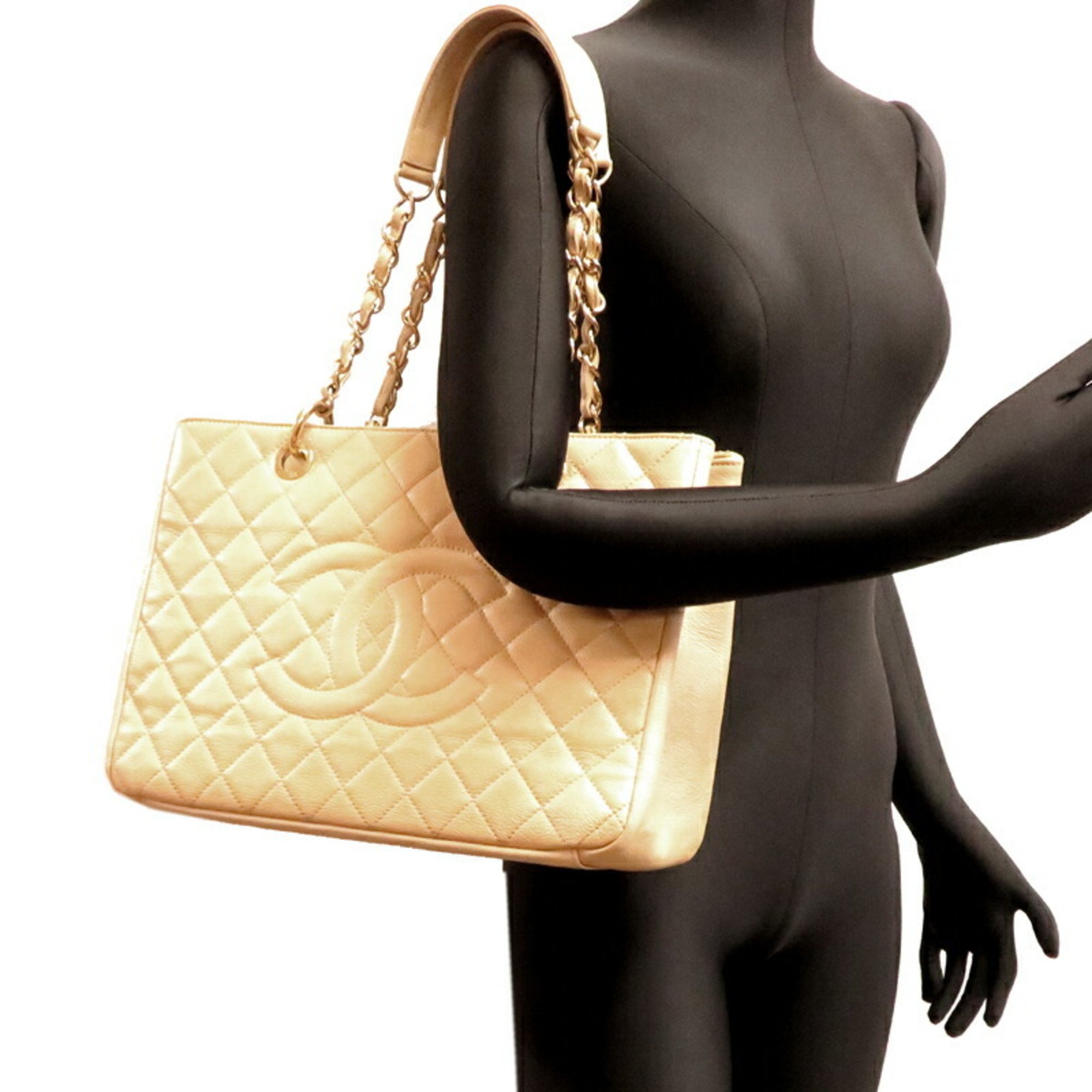 Chanel Seal GST Chain Tote Women's Bag Caviar Skin Beige