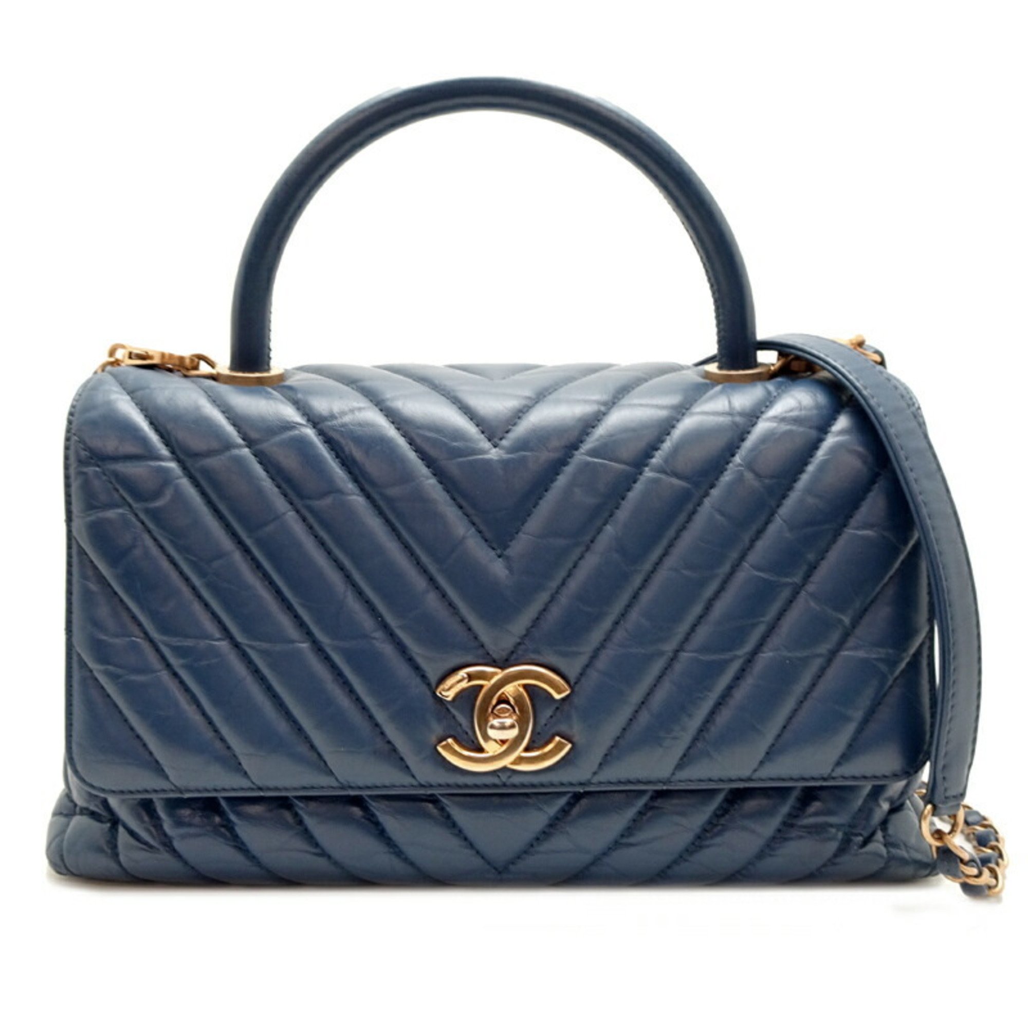 Chanel V-stitch Coco handle chain shoulder women's handbag in calf leather, blue