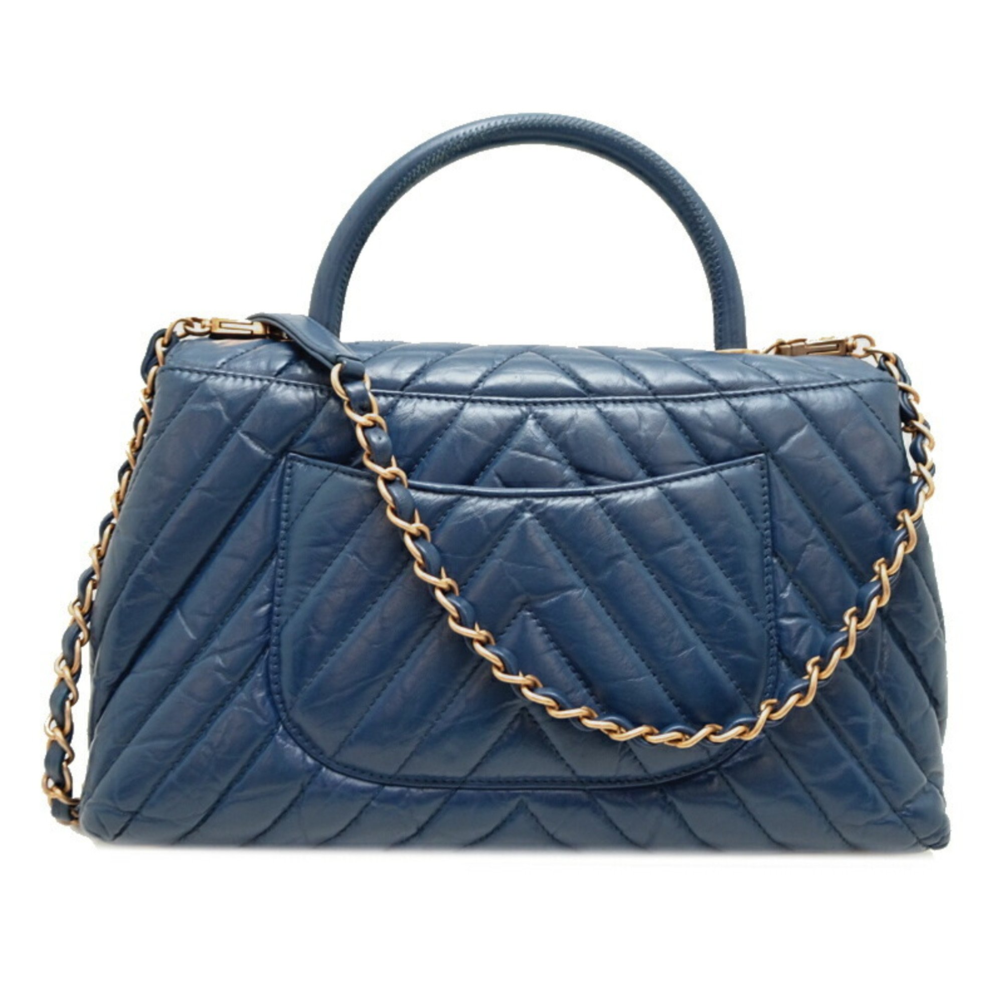 Chanel V-stitch Coco handle chain shoulder women's handbag in calf leather, blue