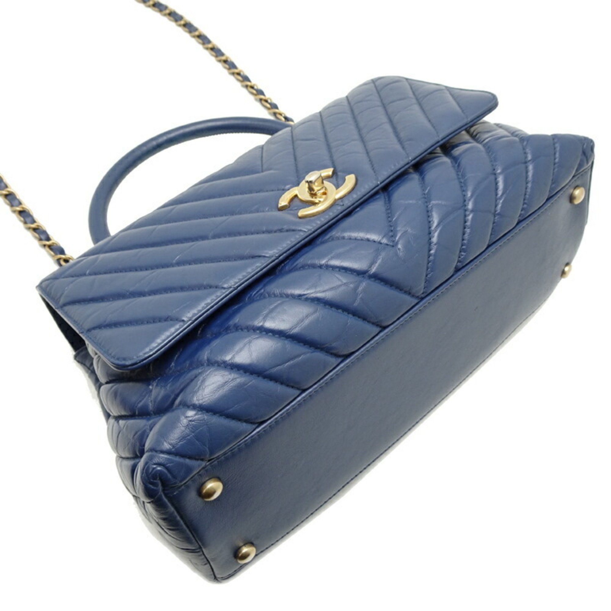 Chanel V-stitch Coco handle chain shoulder women's handbag in calf leather, blue