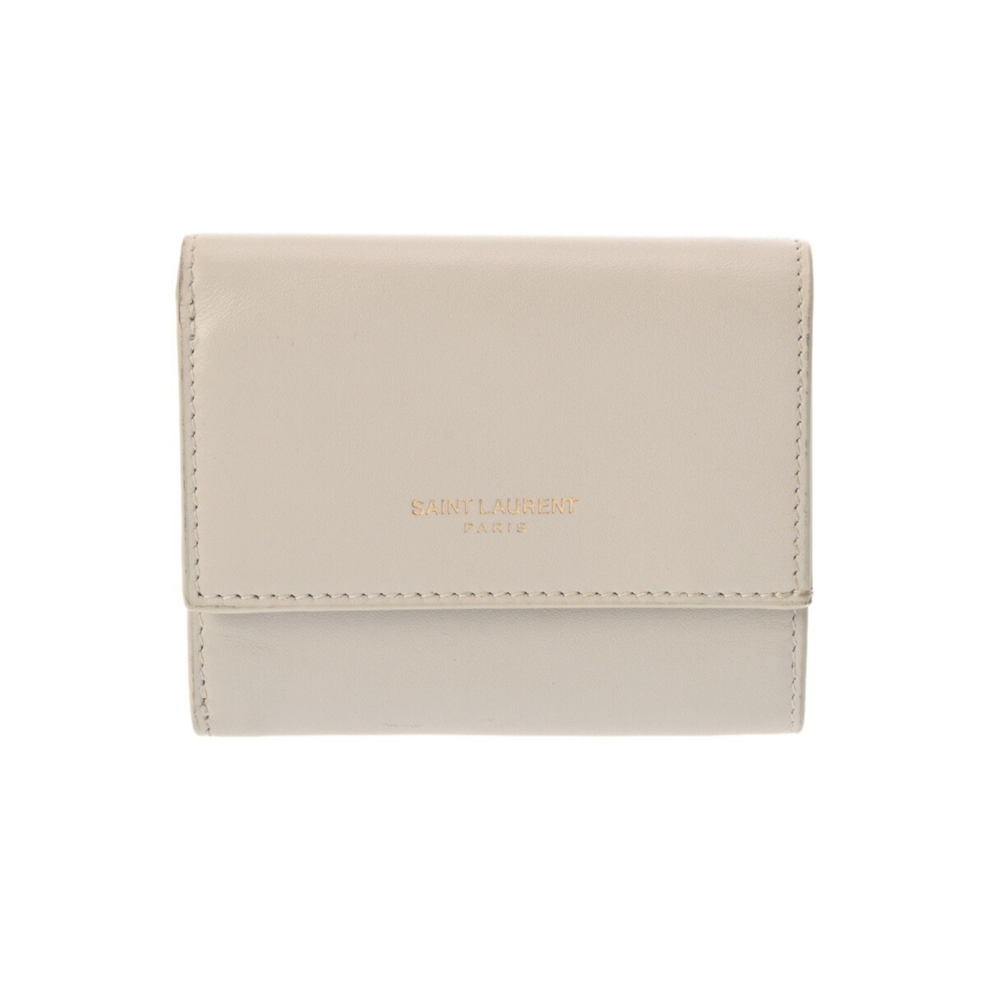 YVES SAINT LAURENT Compact Wallet Beige 554385 Women's Calf Leather Bi-fold