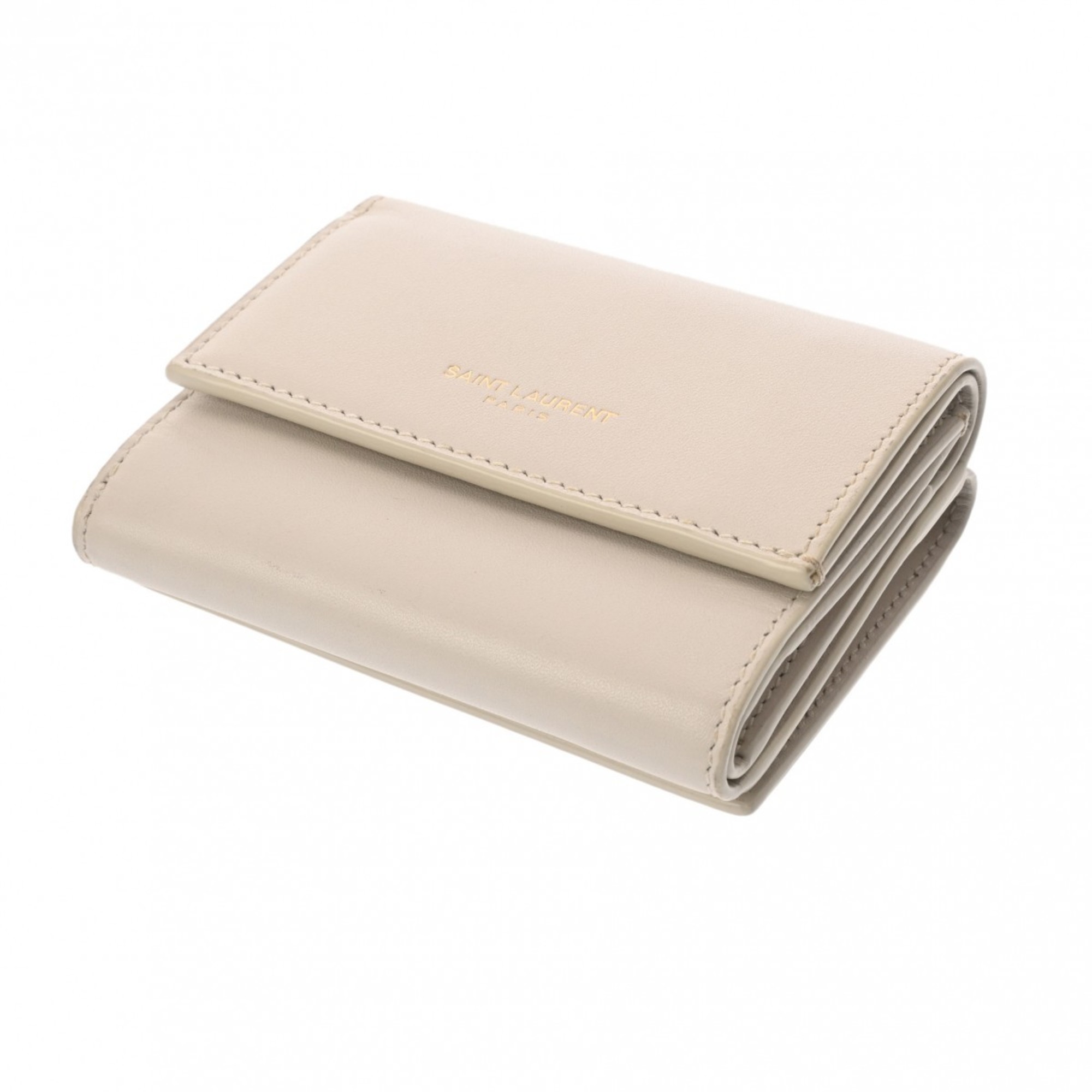 YVES SAINT LAURENT Compact Wallet Beige 554385 Women's Calf Leather Bi-fold