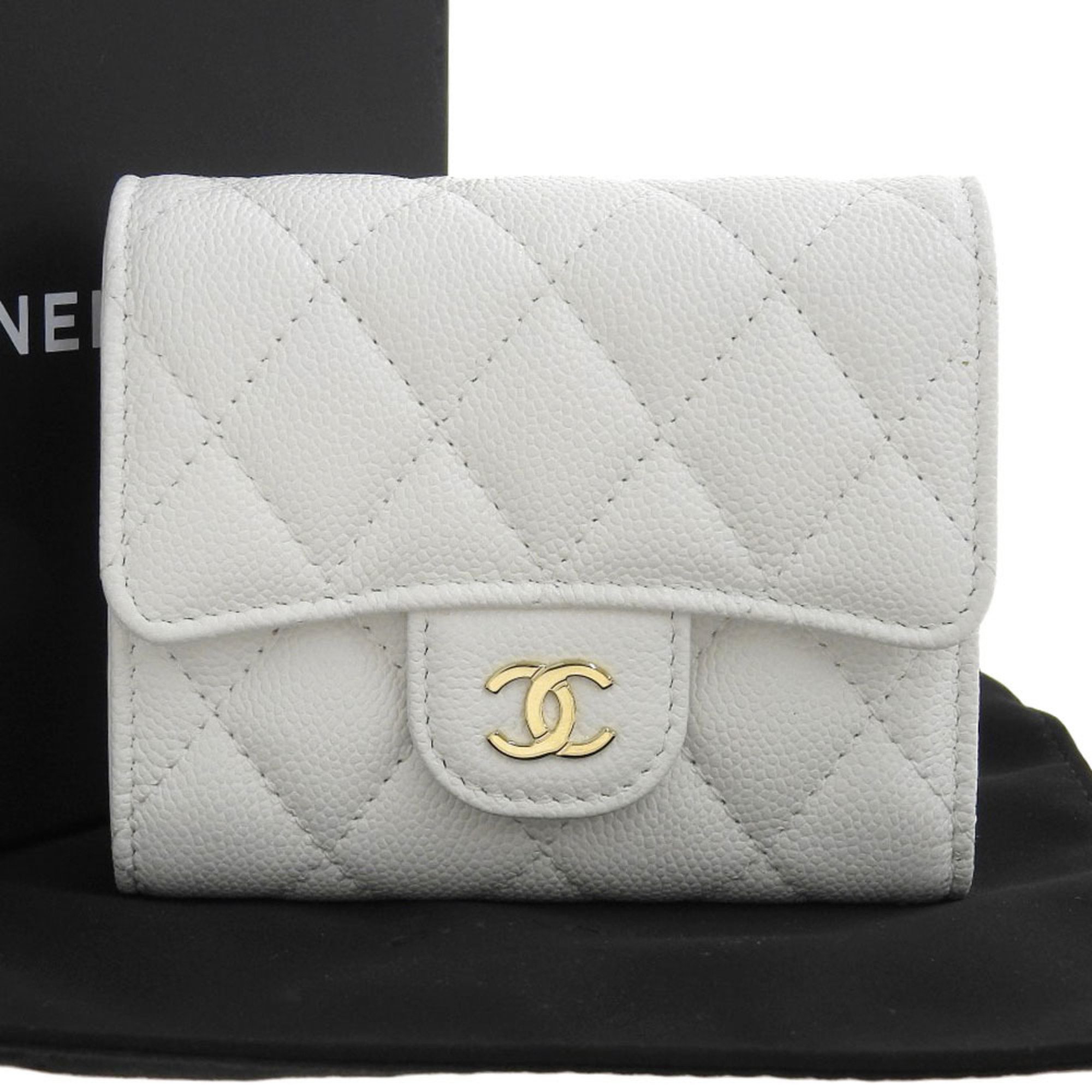 CHANEL Matelasse Random Serial Coco Mark Tri-fold Wallet Caviar Skin White