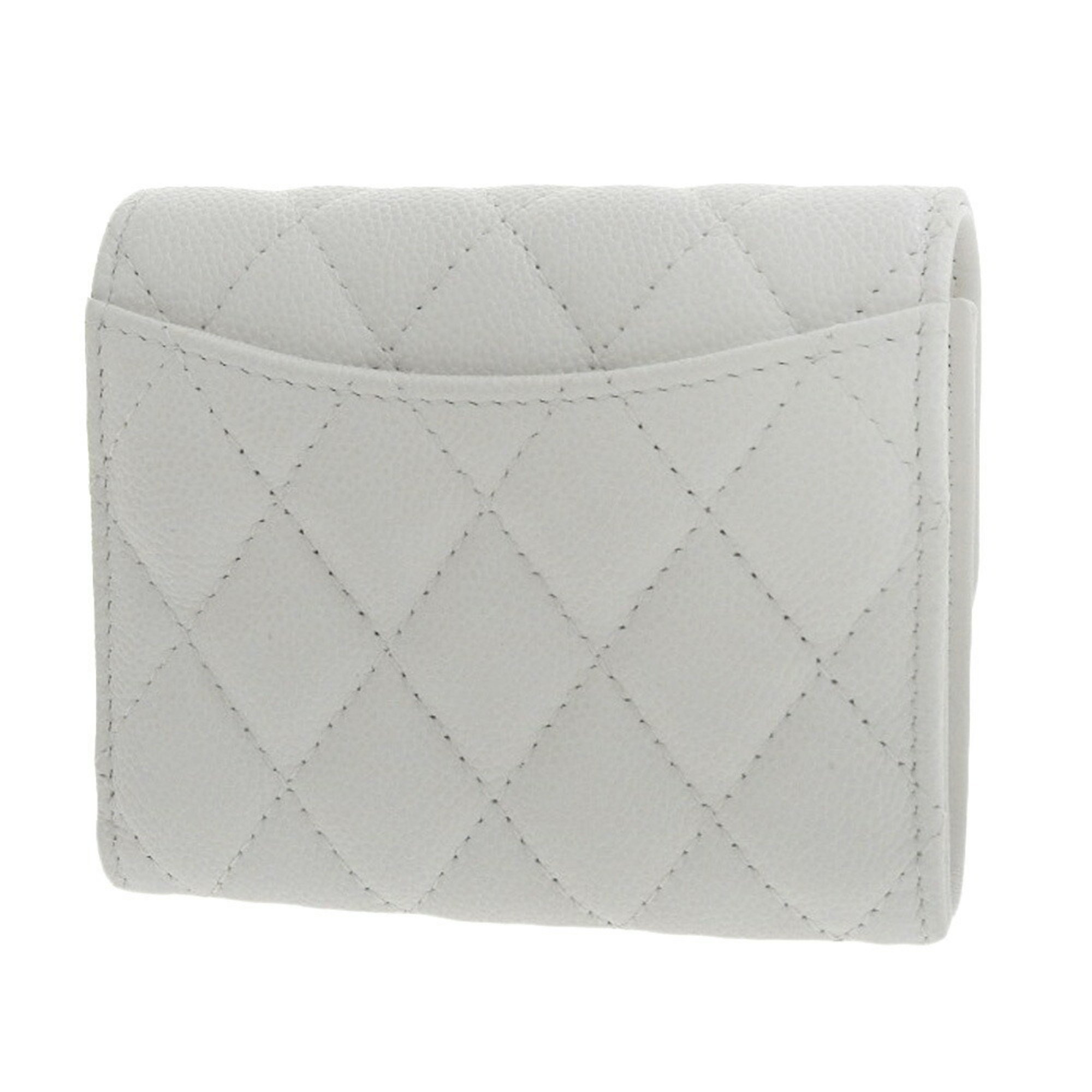 CHANEL Matelasse Random Serial Coco Mark Tri-fold Wallet Caviar Skin White