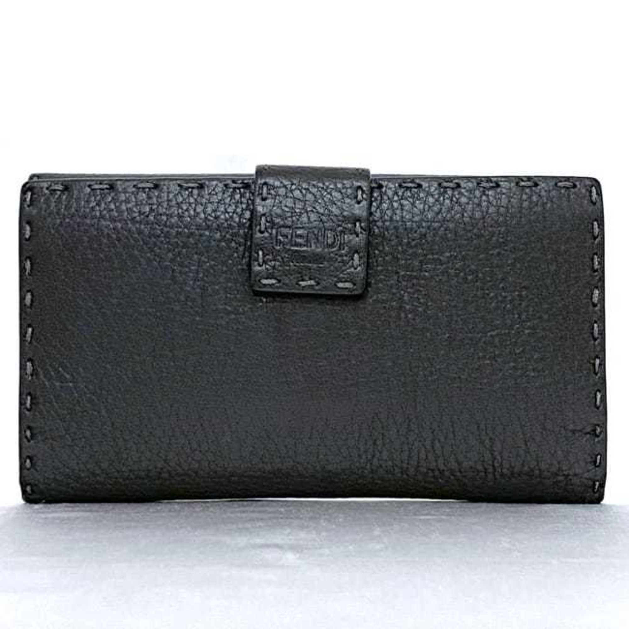 Fendi Bi-fold Long Wallet ec-21572 Grey Selleria Peekaboo 8M0308 Leather FENDI Folding Stitch Grain Turnlock Women's