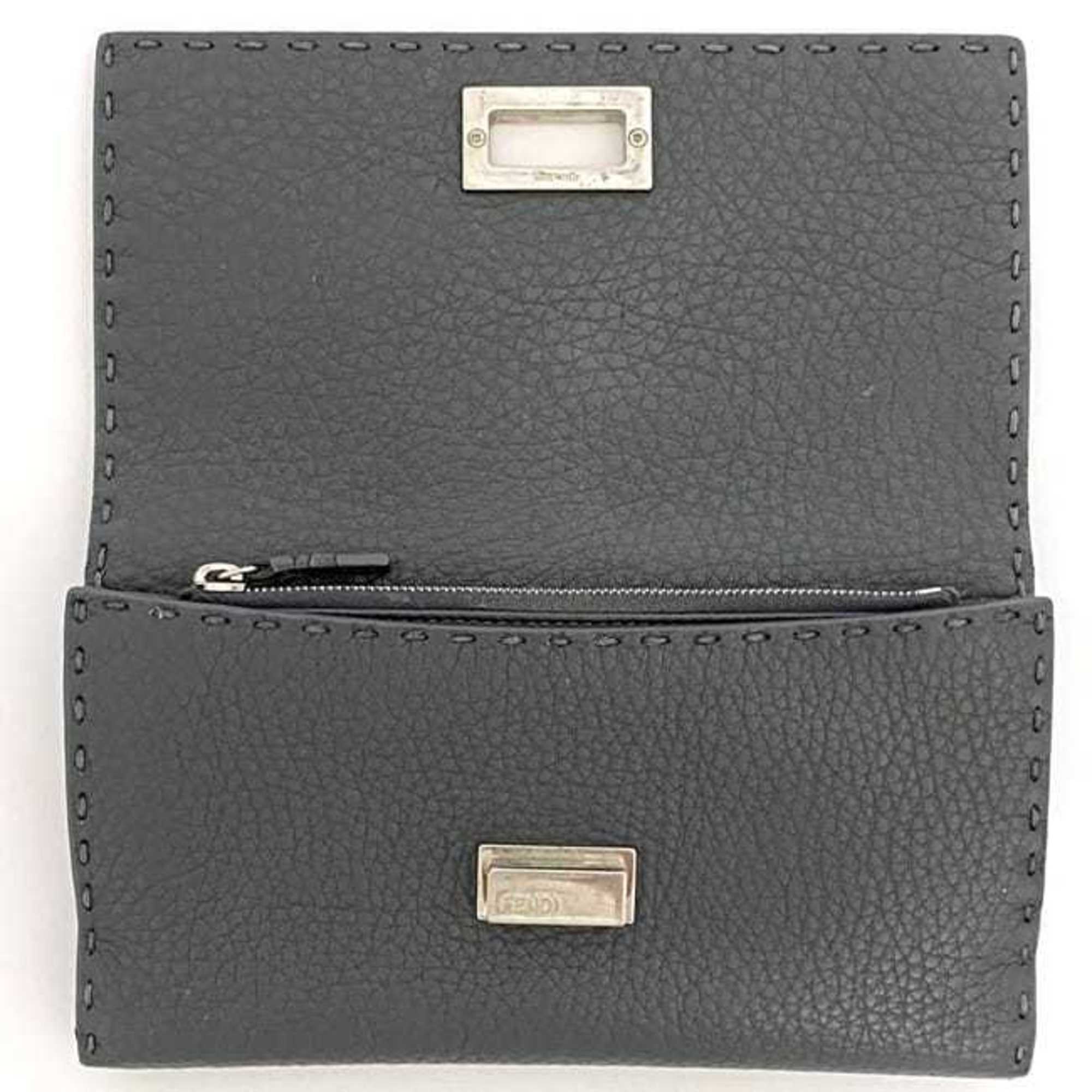 Fendi Bi-fold Long Wallet ec-21572 Grey Selleria Peekaboo 8M0308 Leather FENDI Folding Stitch Grain Turnlock Women's