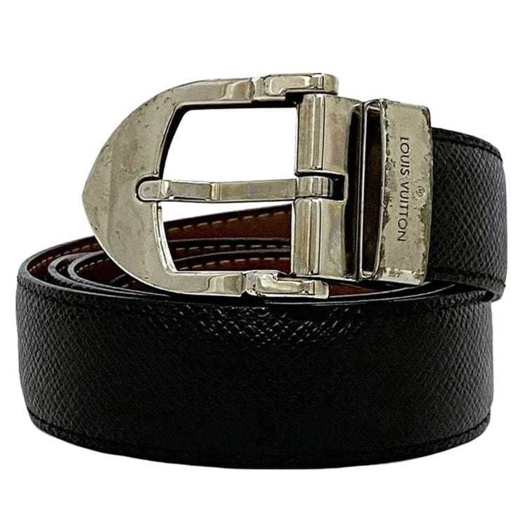 Louis Vuitton Belt Santur Classic ec-21564 Black Silver Ardoise Taiga M6843 Waist ~88cm Leather CT2192 LOUIS VUITTON