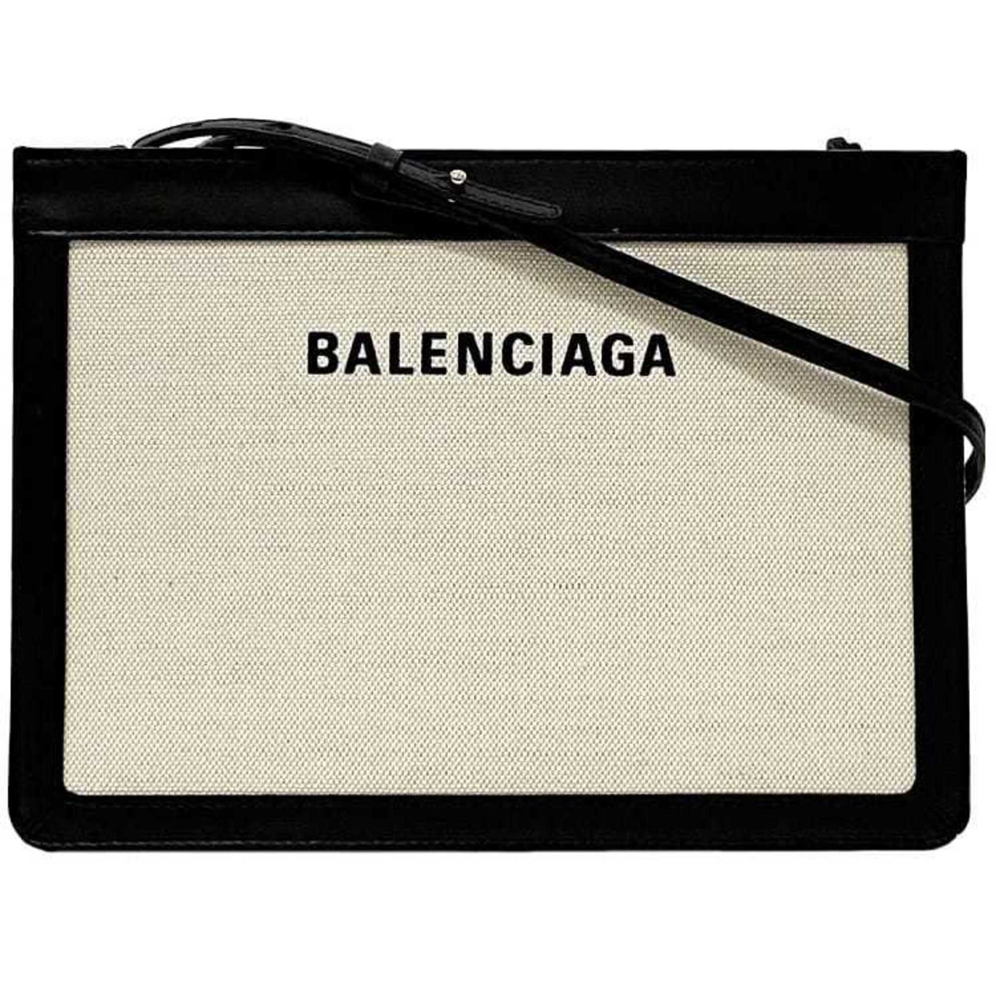 Balenciaga Shoulder Bag Navy Pochette f-21650 Natural White Black 339937 Canvas Leather 1080 Y 528147 BALENCIAGA Crossbody Freestanding Square