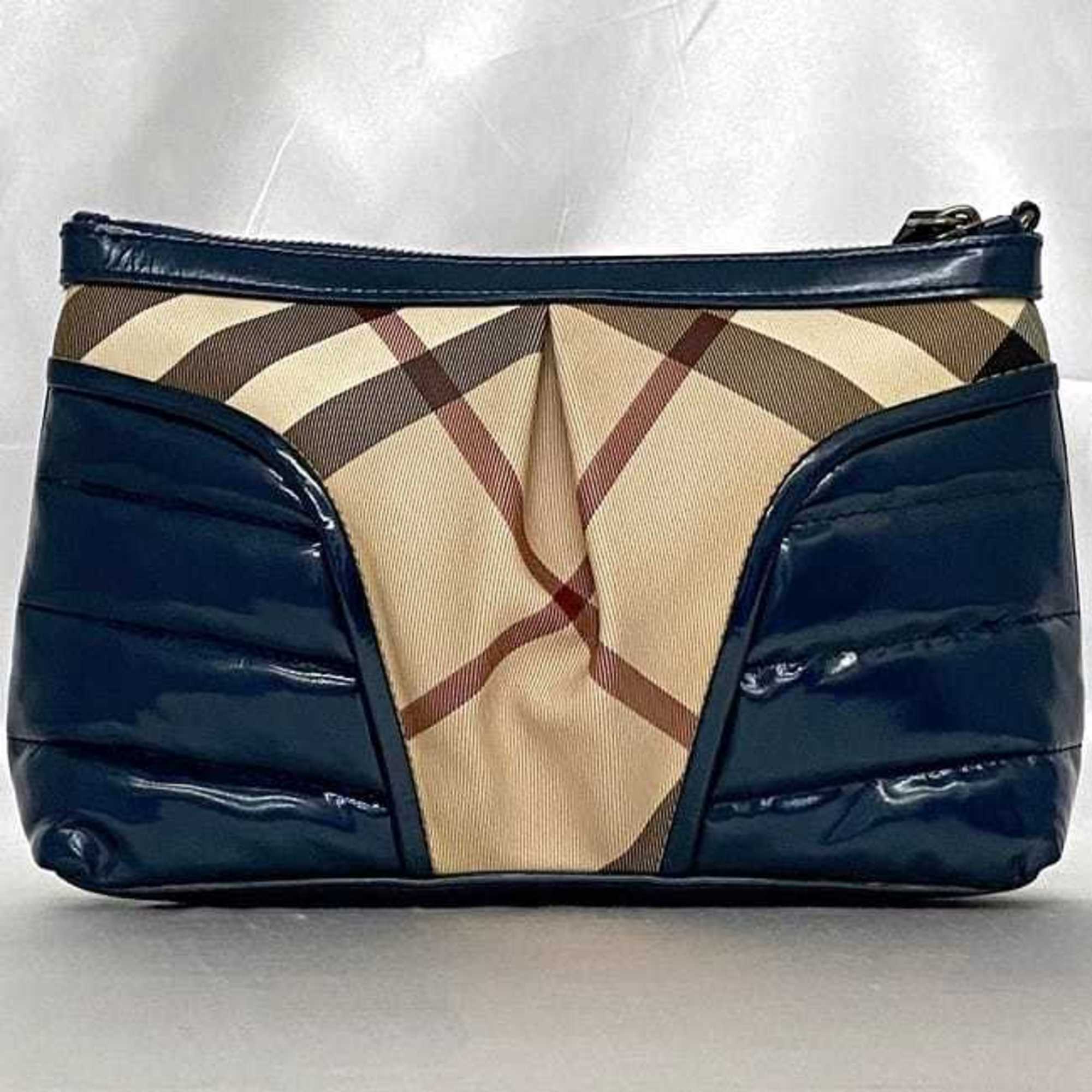 Burberry pouch ec-21677 beige navy blue 3765989 clutch bag PVC patent leather BURBERRY check puffer pattern women's men's enamel quilting