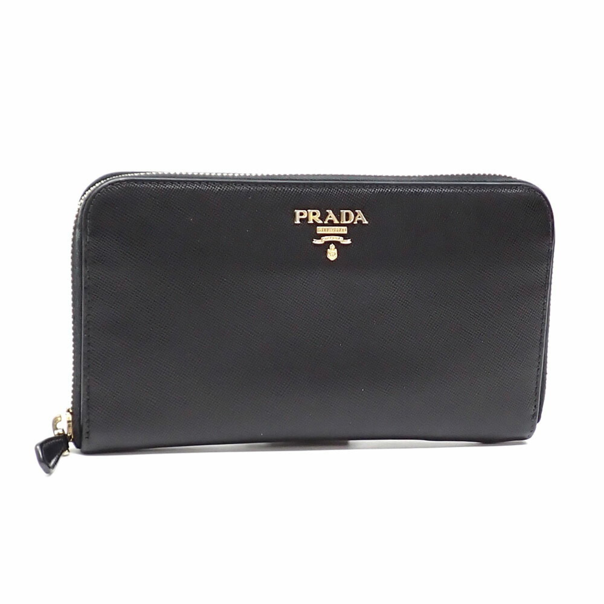 Prada round long wallet for women in black saffiano leather