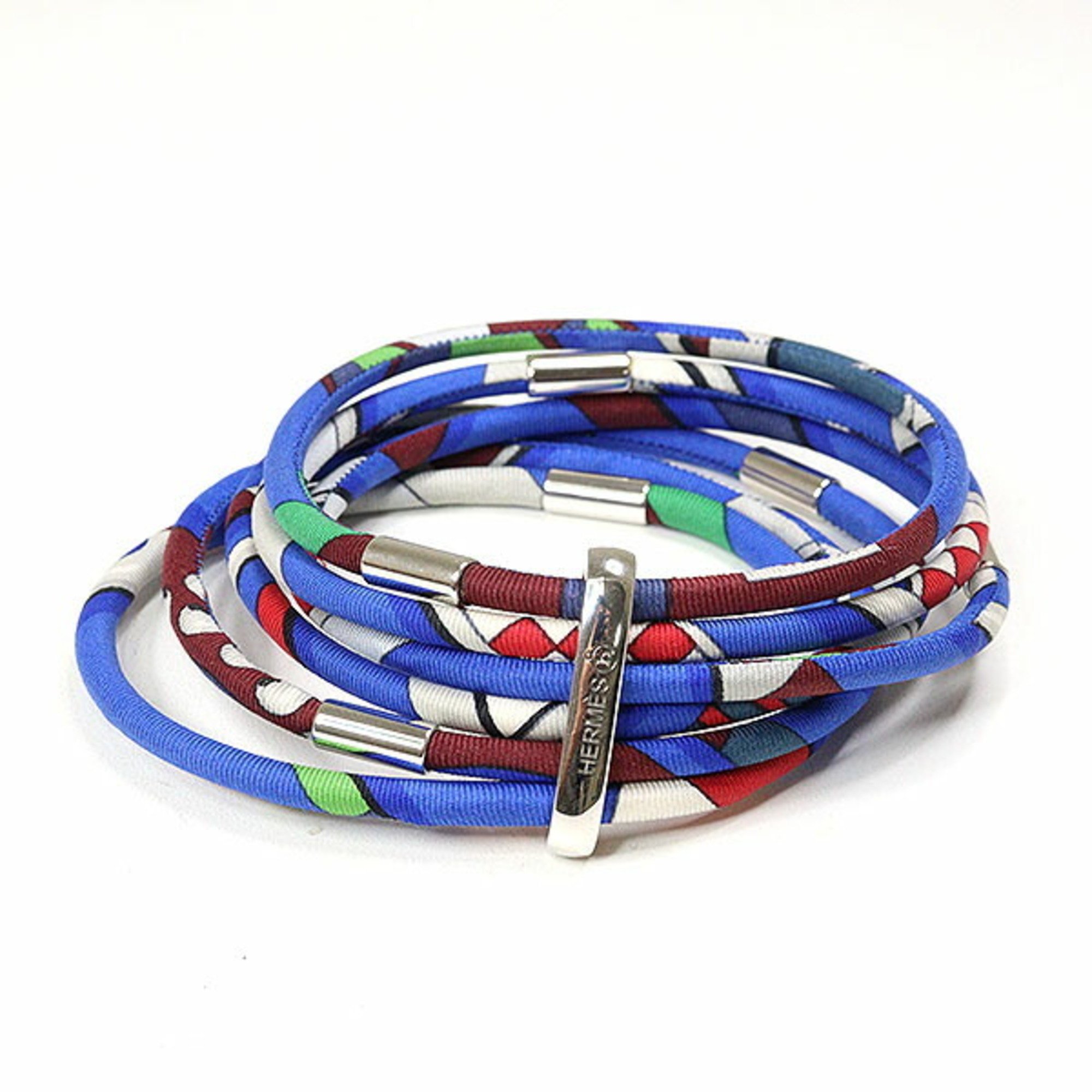 HERMES Petit H Silk Bracelet, 6-row, Blue Multicolor, Wrist Size: Approx. 20cm