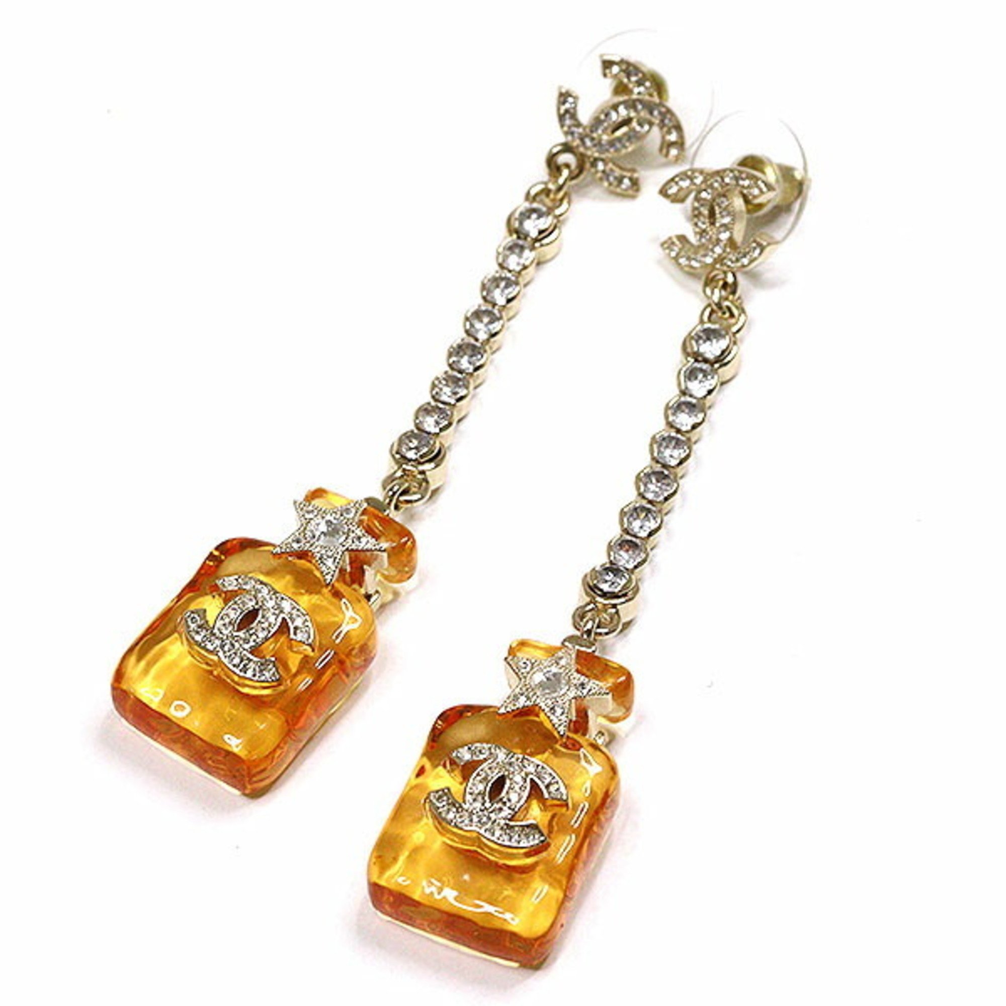 Chanel Perfume Bottle Motif Earrings Champagne Gold/Clear Orange B23S Coco Mark Star Line