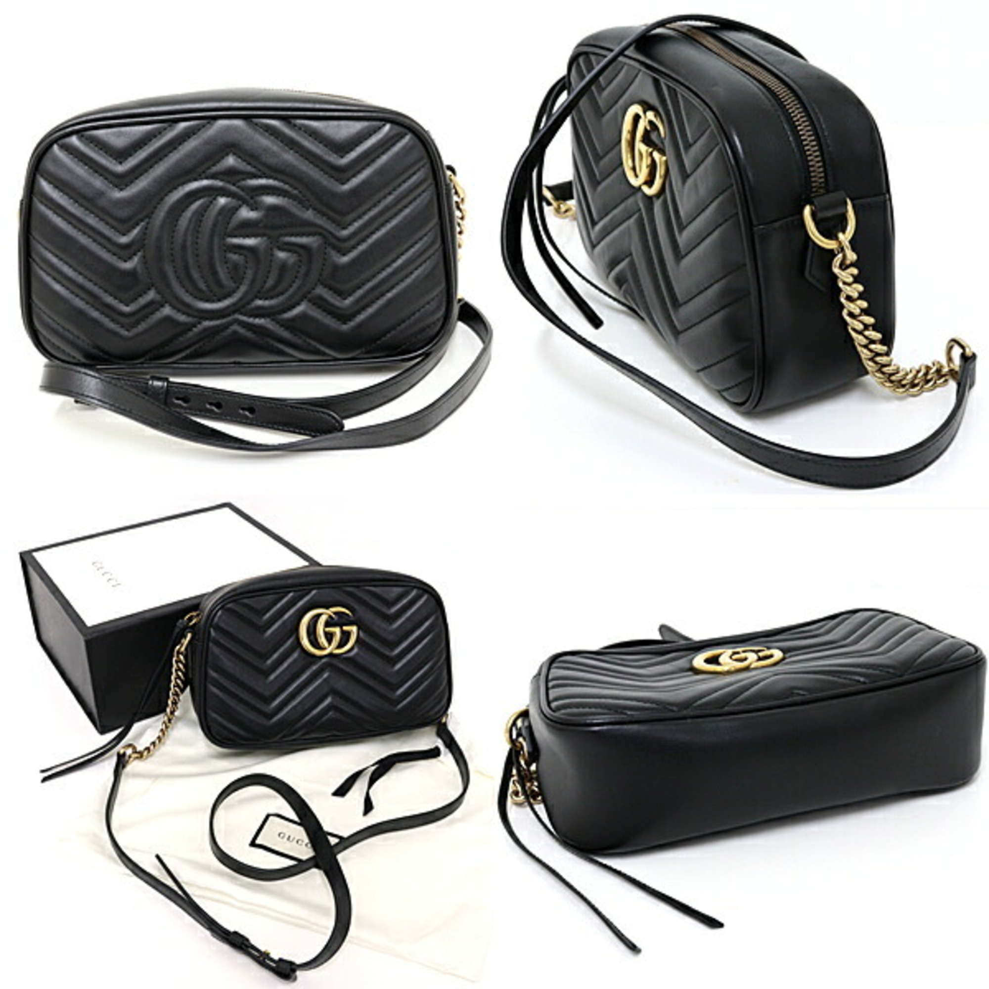 GUCCI GG Marmont Quilted Small Shoulder Bag Black Chevron Leather 447632 A