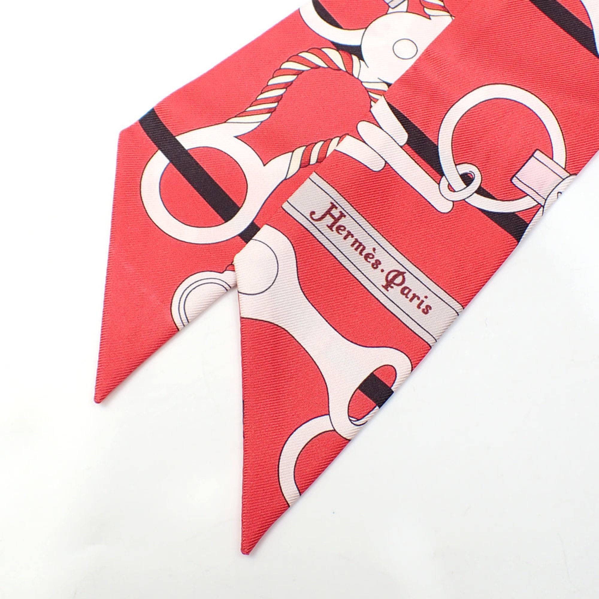 Hermes Scarf Twilly Women's Silk Red White Riding Gear Sold Item