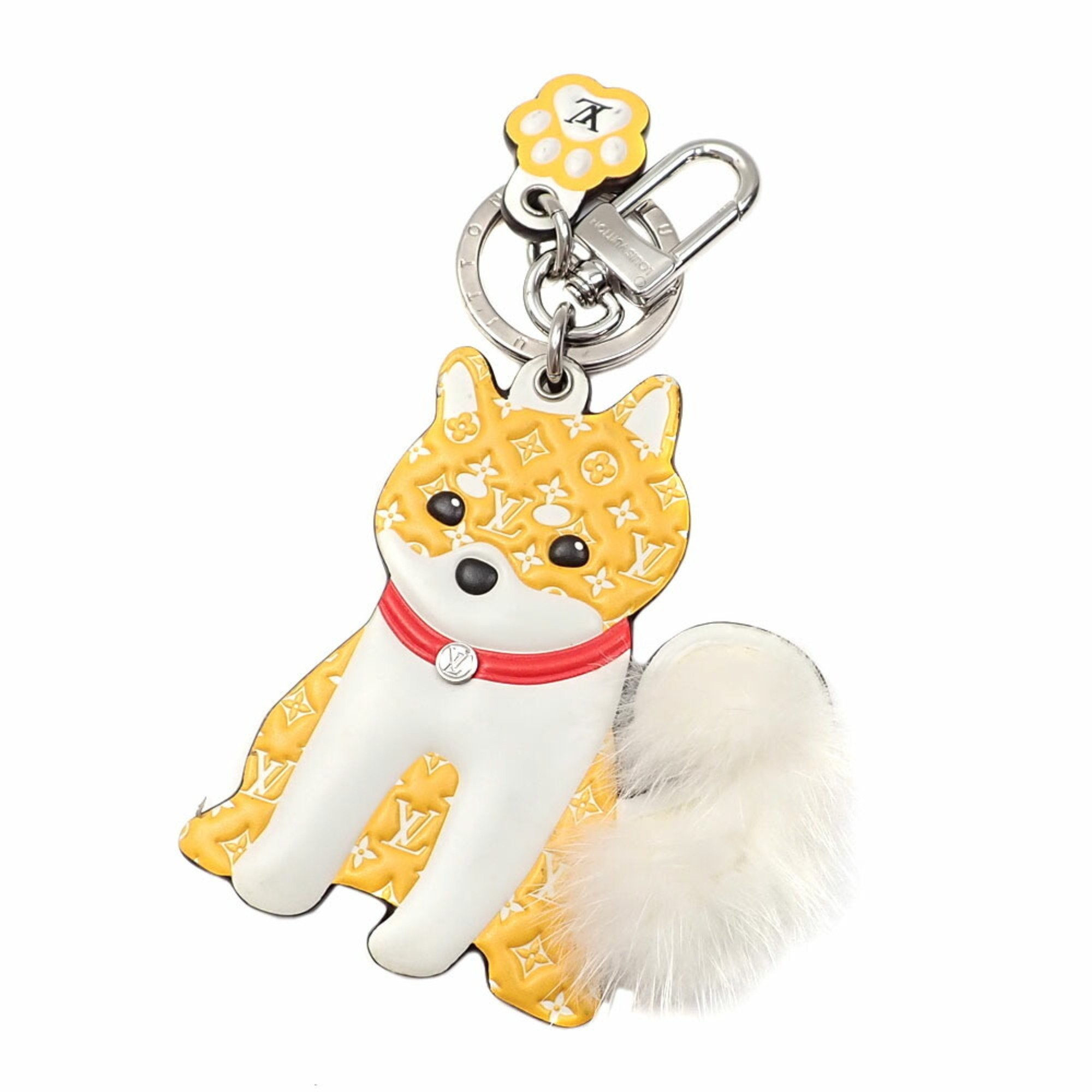 Louis Vuitton Bag Charm Porto Cle LV Shiba Women's M01199 Yellow White Monogram Mink Fur Dog Keychain