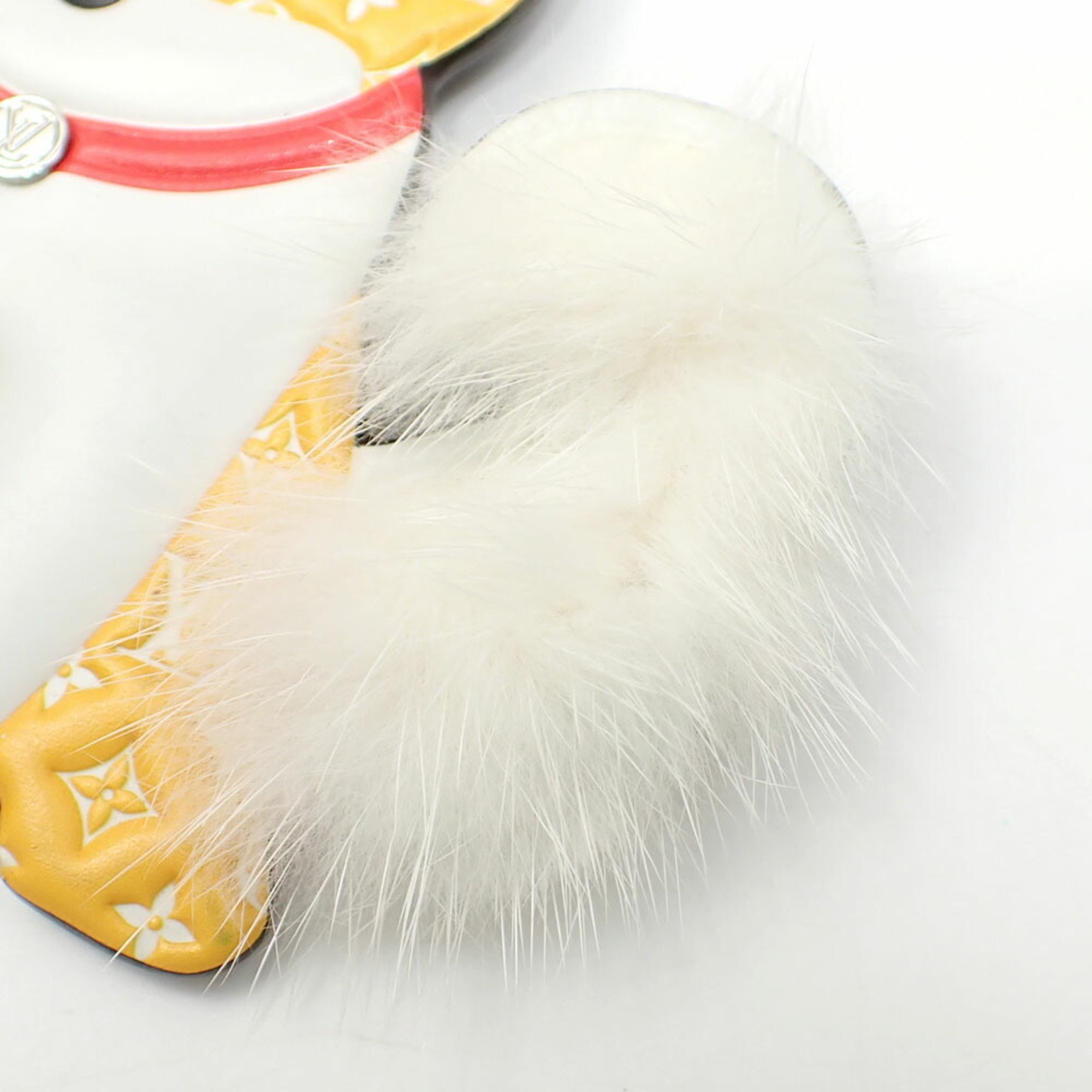 Louis Vuitton Bag Charm Porto Cle LV Shiba Women's M01199 Yellow White Monogram Mink Fur Dog Keychain