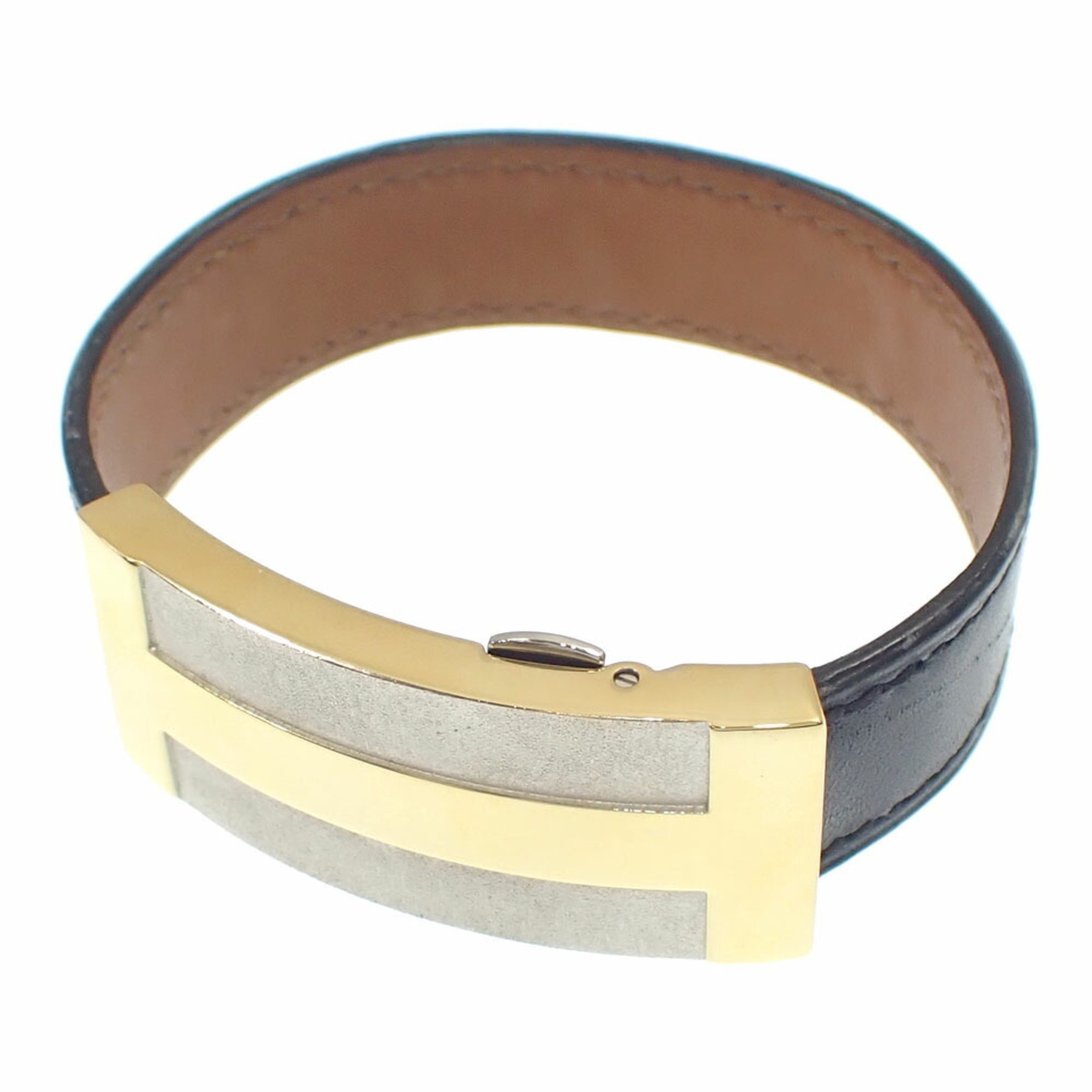 Hermes H Buckle Bracelet SS Leather K Stamp Made in 2007 Black Women Men C212681