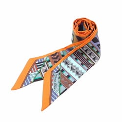 Hermes Scarf Twilly Women's Silk Orange Multicolor Collier de Chien Metal Fittings