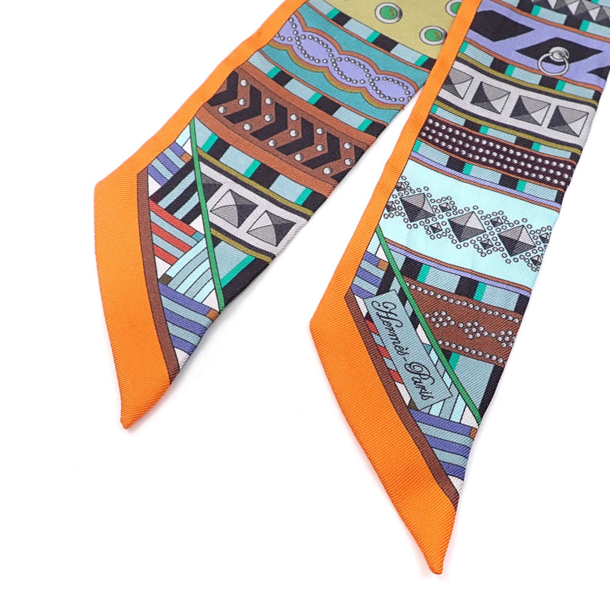 Hermes Scarf Twilly Women's Silk Orange Multicolor Collier de Chien Metal Fittings