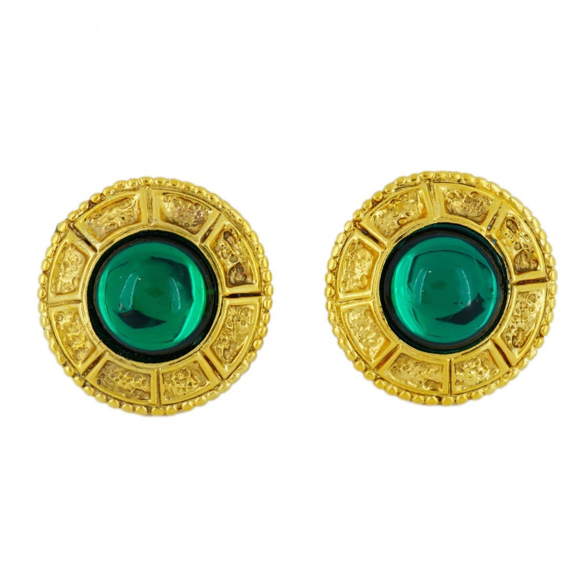 Chanel Earrings Circle Color Stone GP Plated Gold Green Ladies