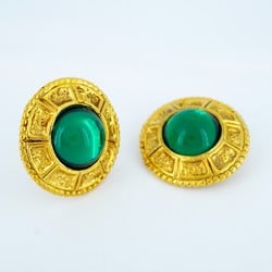 Chanel Earrings Circle Color Stone GP Plated Gold Green Ladies