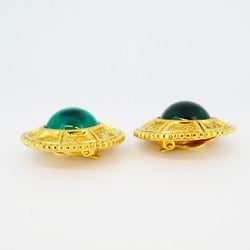 Chanel Earrings Circle Color Stone GP Plated Gold Green Ladies