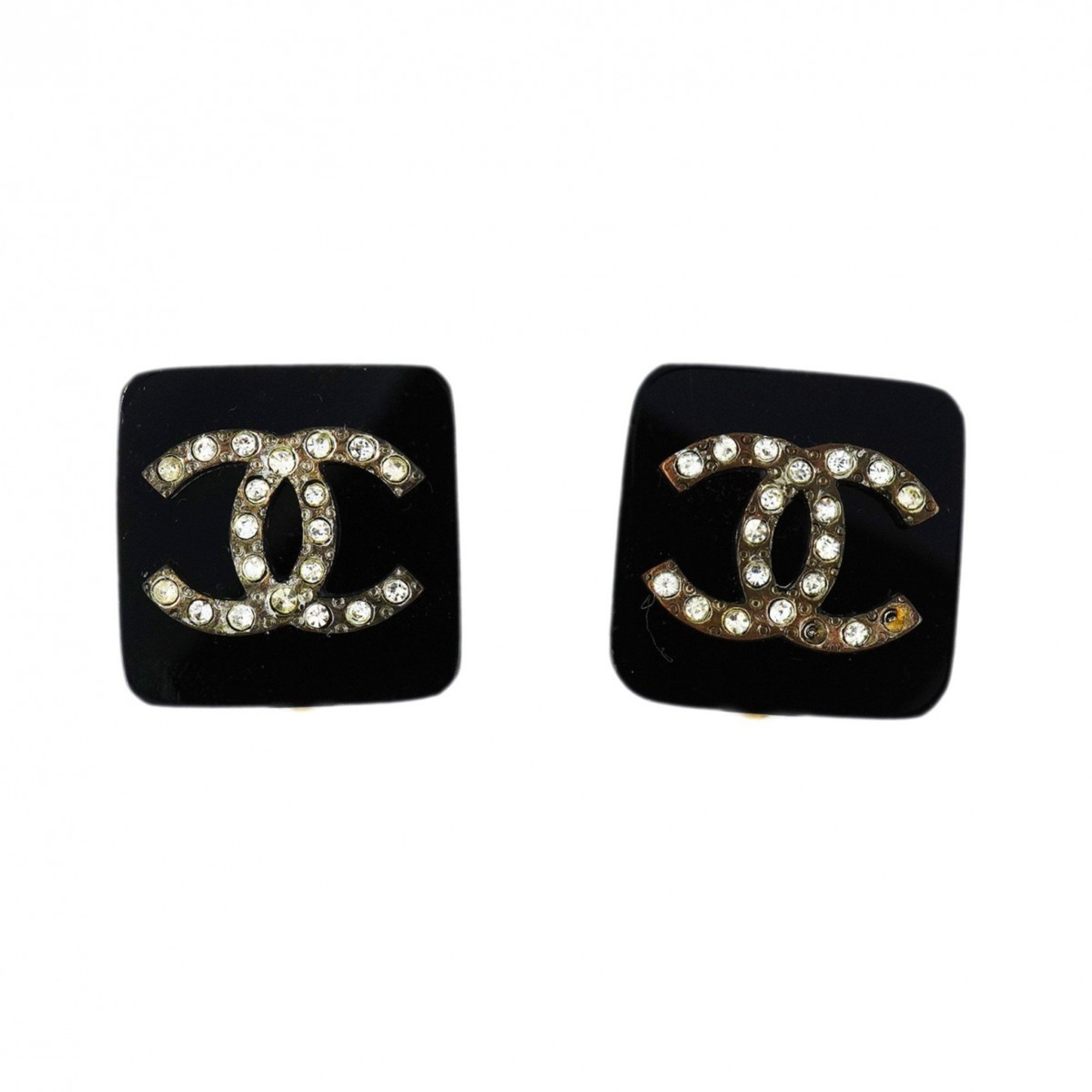 Chanel Earrings Coco Mark Square Rhinestone Plastic GP Plated Silver Black Women's